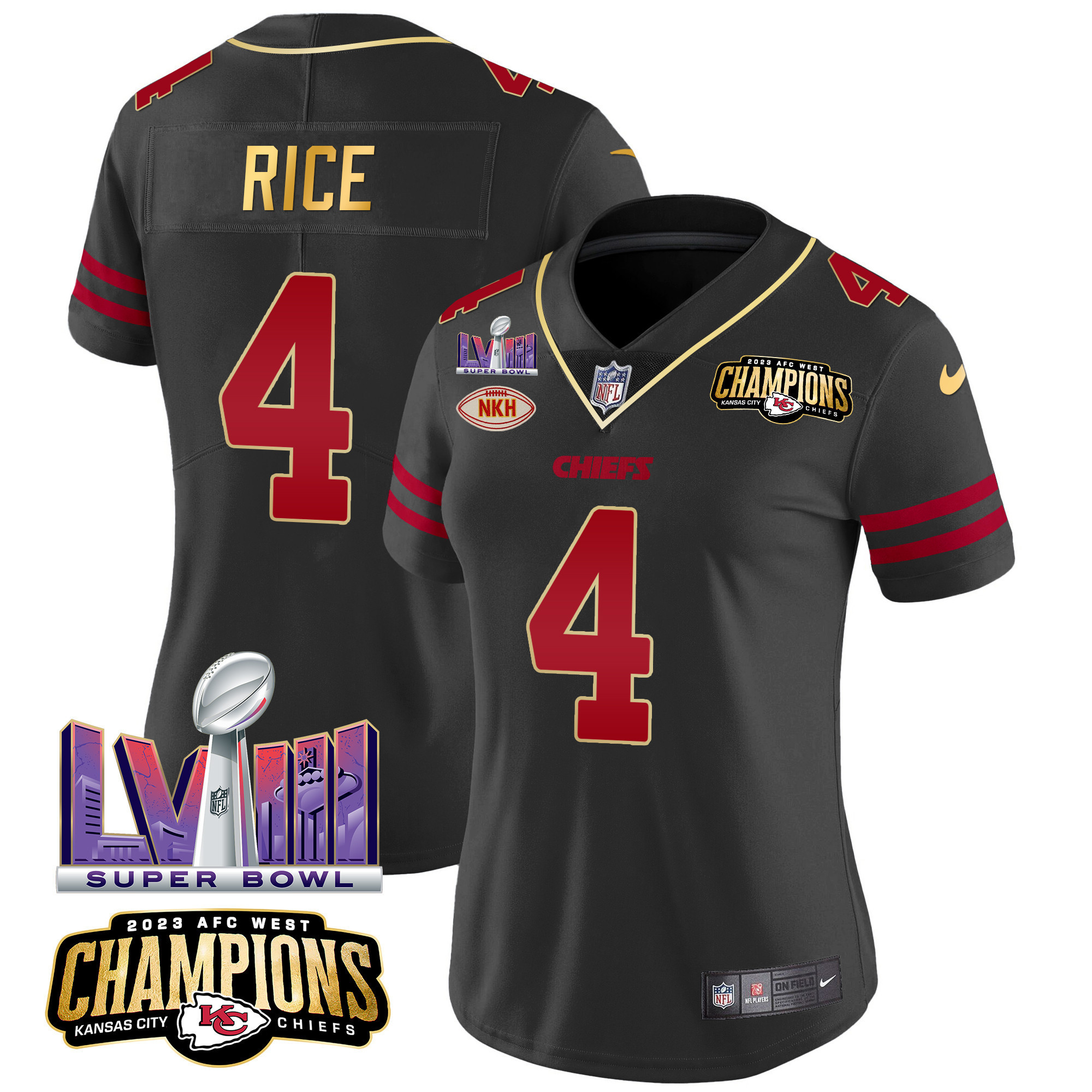 Rashee Rice Women's Kansas City Chiefs AFC West Champions & Super Bowl LVIII Patch Vapor Gold Trim Jersey - All Stitched