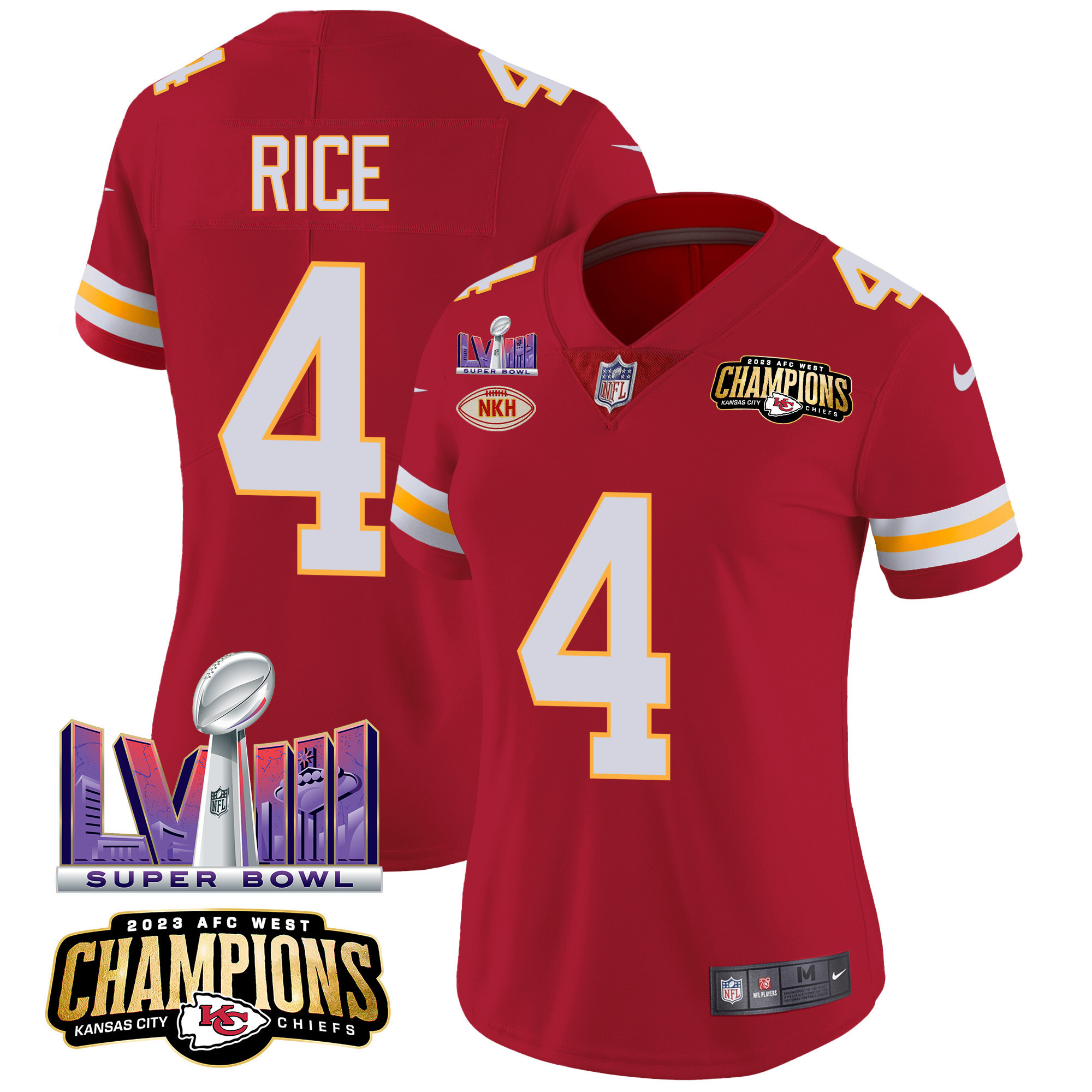 Rashee Rice Women's Kansas City Chiefs AFC West Champions & Super Bowl LVIII Patch Vapor Red Jersey - All Stitched