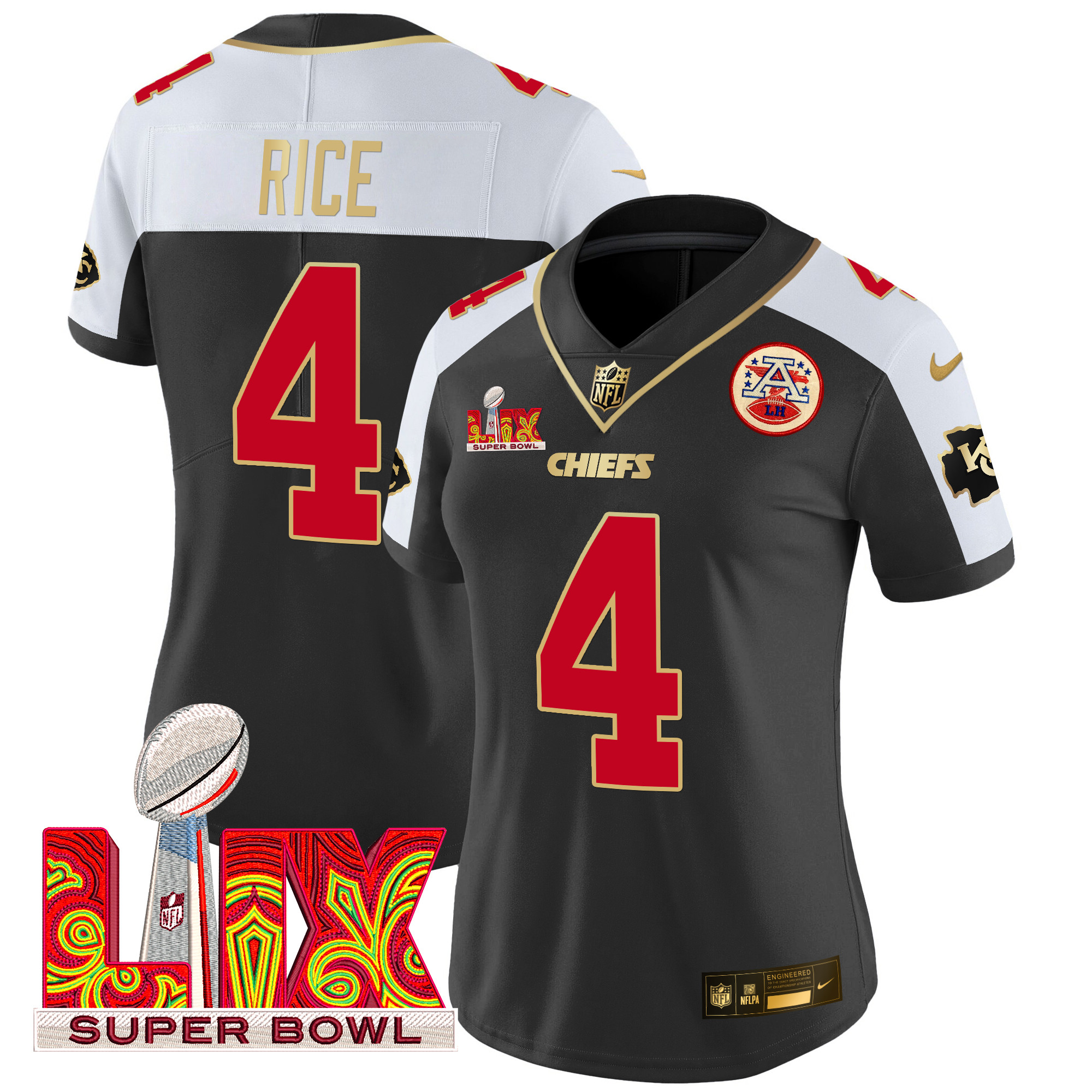Rashee Rice Women's Kansas City Chiefs Super Bowl LIX Patch Gold Trim Vapor Limited Black Alternate Jersey - All Stitched