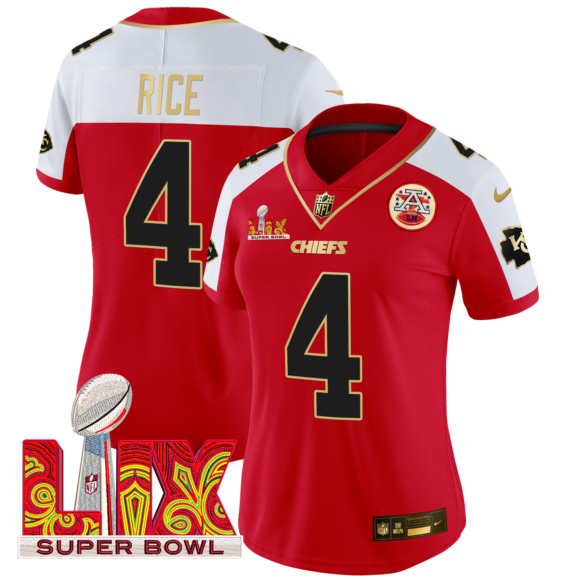 Rashee Rice Women's Kansas City Chiefs Super Bowl LIX Patch Gold Trim Vapor Limited Red Alternate Jersey - All Stitched