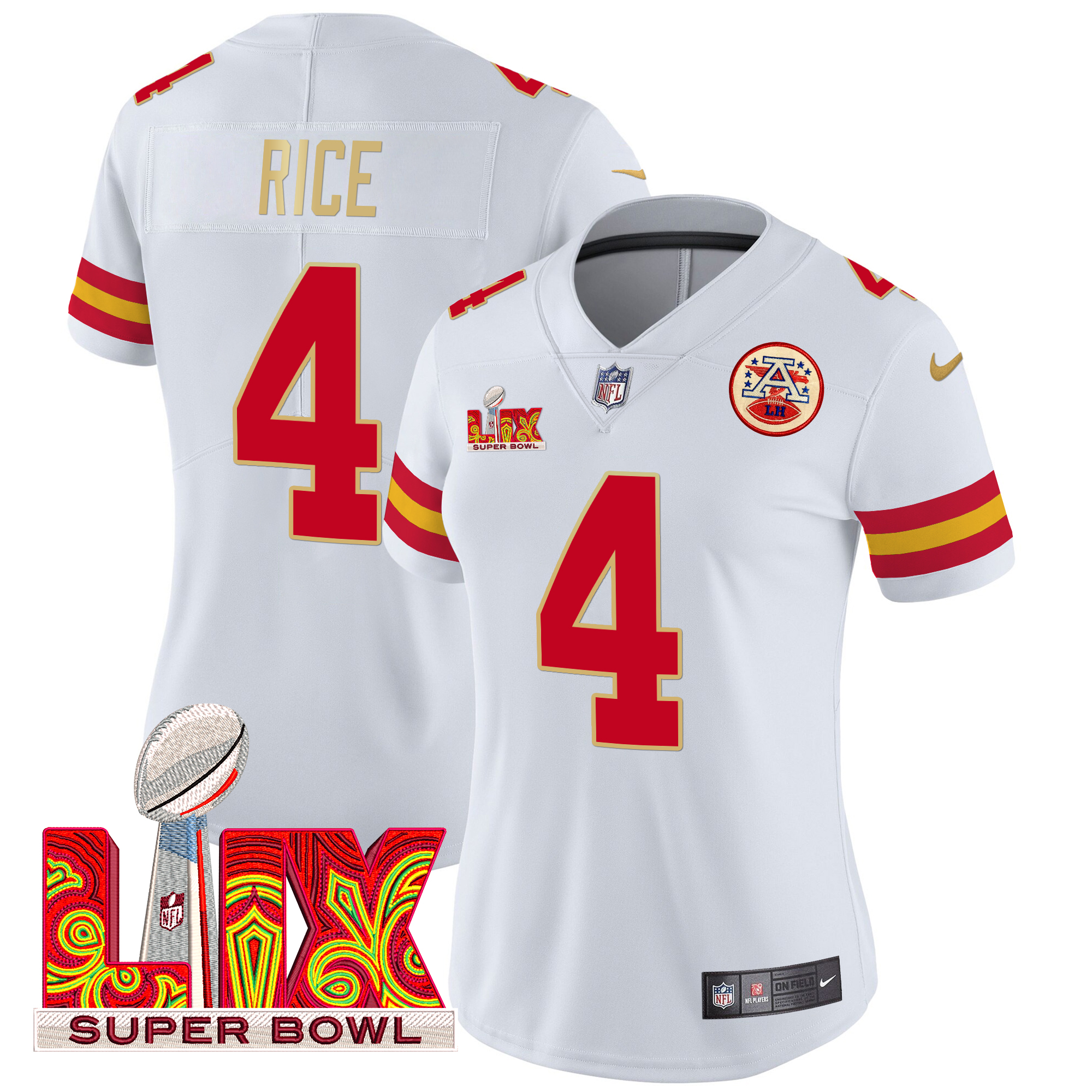 Rashee Rice Women's Kansas City Chiefs Super Bowl LIX Patch Gold Trim Vapor Limited White Jersey - All Stitched