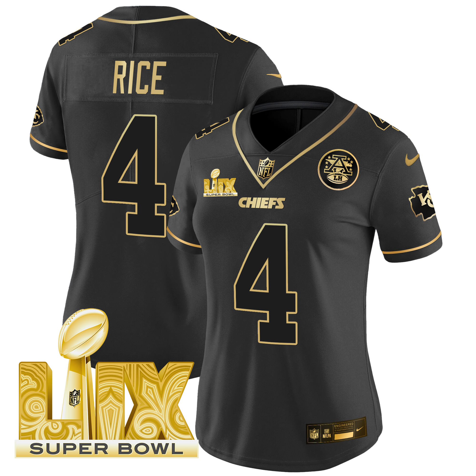 Rashee Rice Women's Kansas City Chiefs Super Bowl LIX Patch Gold Vapor Limited Black Gold Jersey - All Stitched