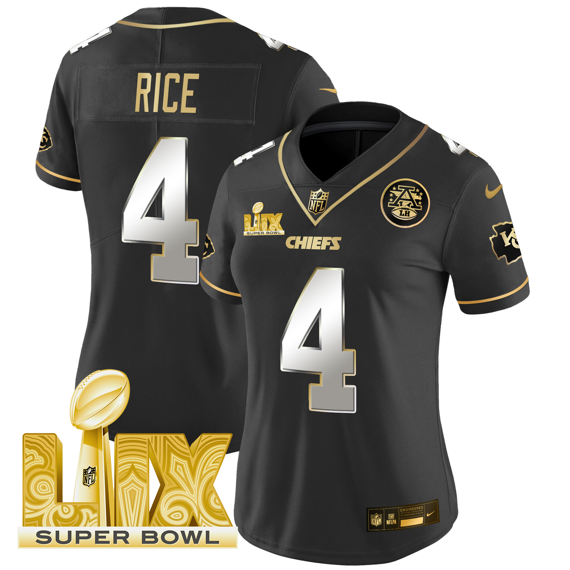 Rashee Rice Women's Kansas City Chiefs Super Bowl LIX Patch Gold Vapor Limited Black Limited Jersey - All Stitched