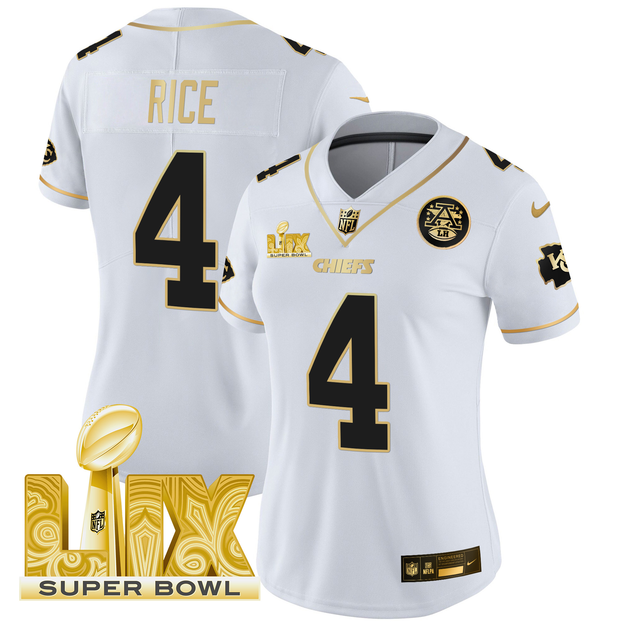 Rashee Rice Women's Kansas City Chiefs Super Bowl LIX Patch Gold Vapor Limited White Gold Jersey - All Stitched