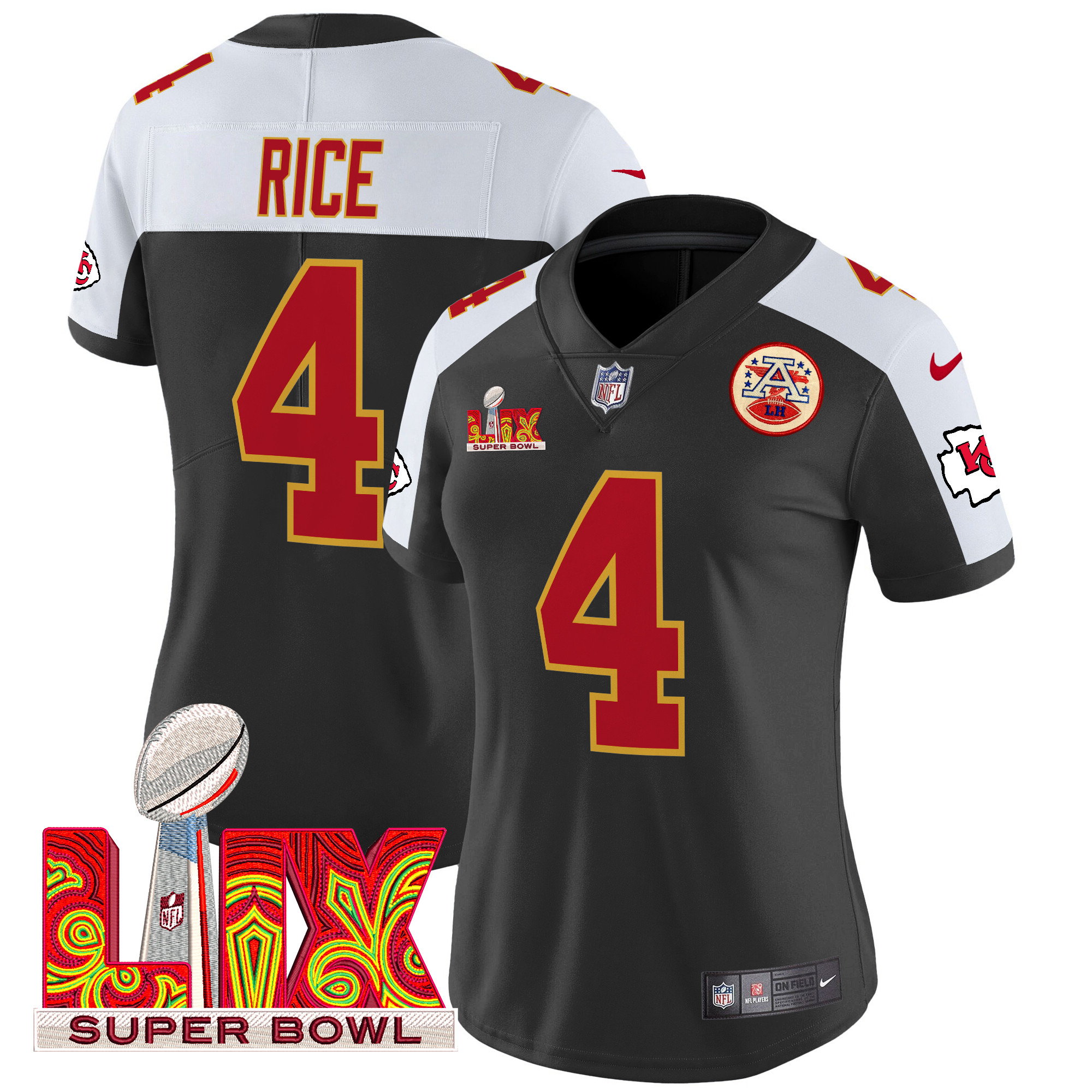 Rashee Rice Women's Kansas City Chiefs Super Bowl LIX Patch Vapor Limited Black Alternate Jersey - All Stitched