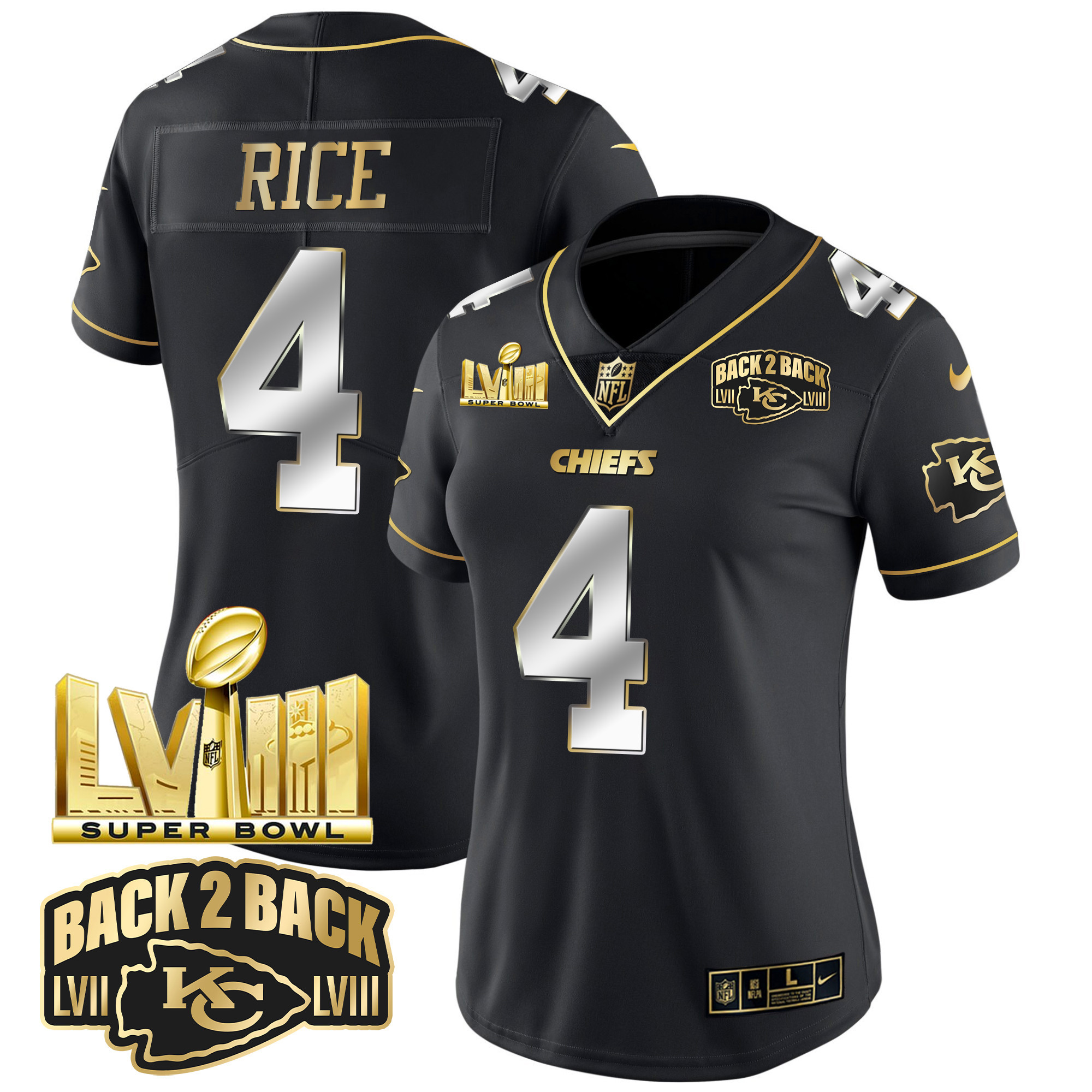 Rashee Rice Women's Kansas City Chiefs Super Bowl LVIII & Back 2 Back Gold Patch Vapor Black Limited Jersey - All Stitched