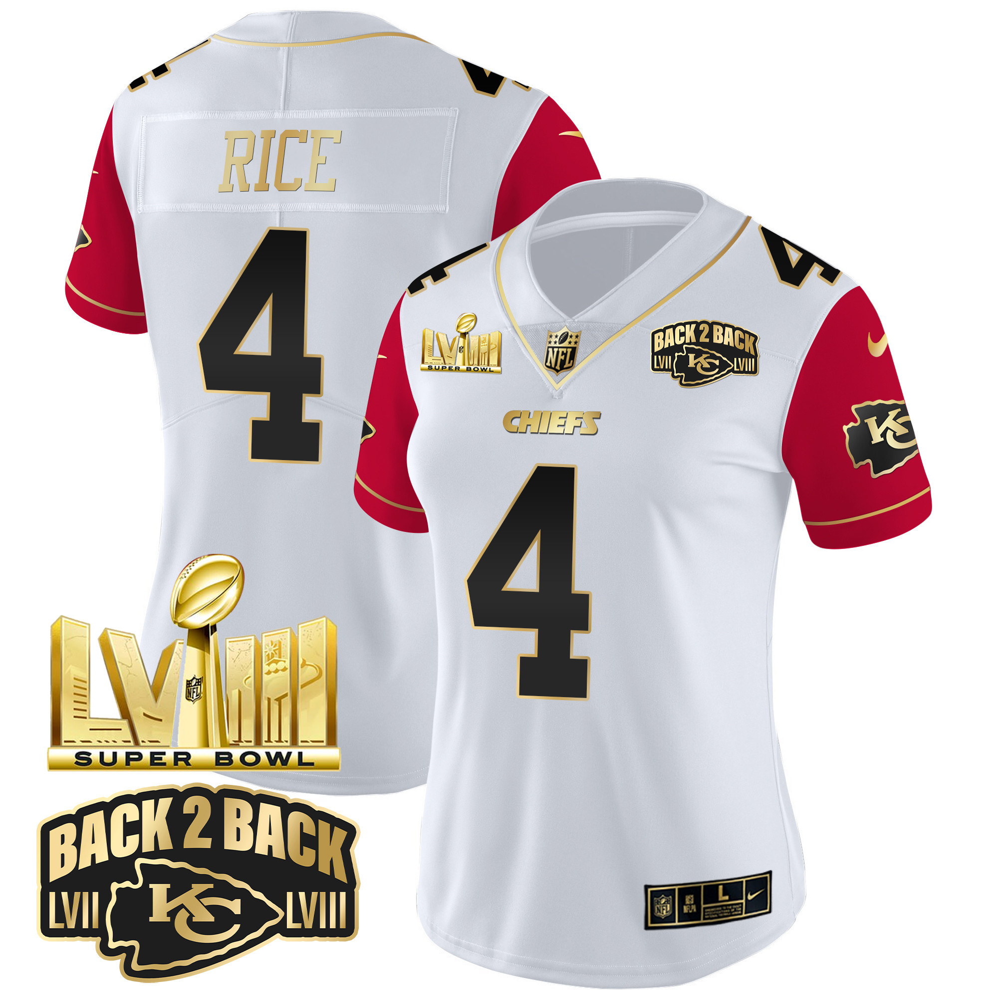 Rashee Rice Women's Kansas City Chiefs Super Bowl LVIII & Back 2 Back Gold Patch Vapor Color Sleeves Jersey - All Stitched