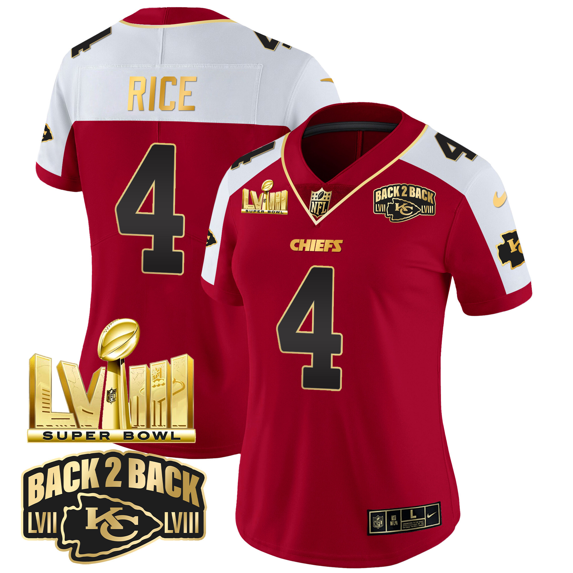 Rashee Rice Women's Kansas City Chiefs Super Bowl LVIII & Back 2 Back Gold Patch Vapor Red Alternate Jersey - All Stitched