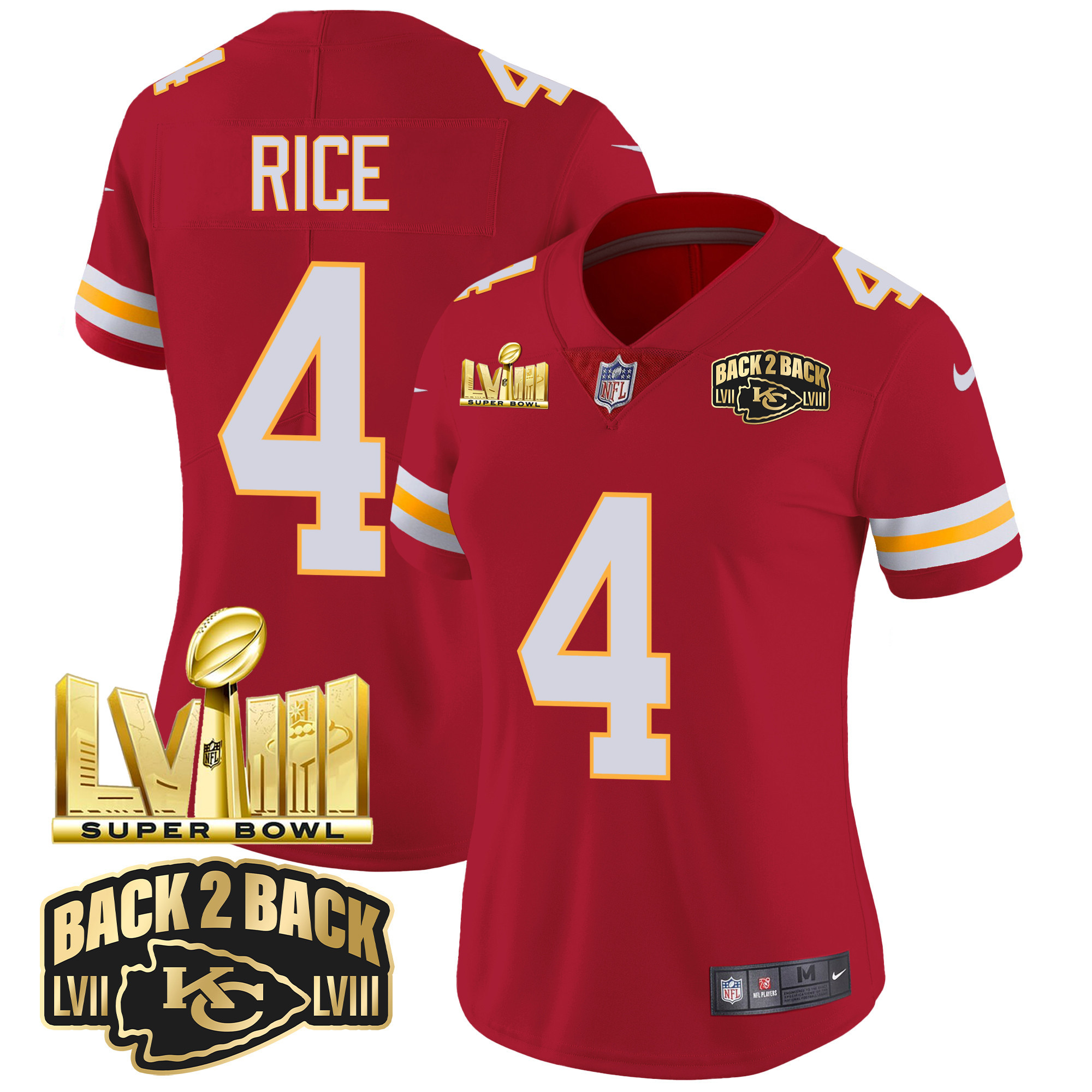Rashee Rice Women's Kansas City Chiefs Super Bowl LVIII & Back 2 Back Gold Patch Vapor Red Jersey - All Stitched