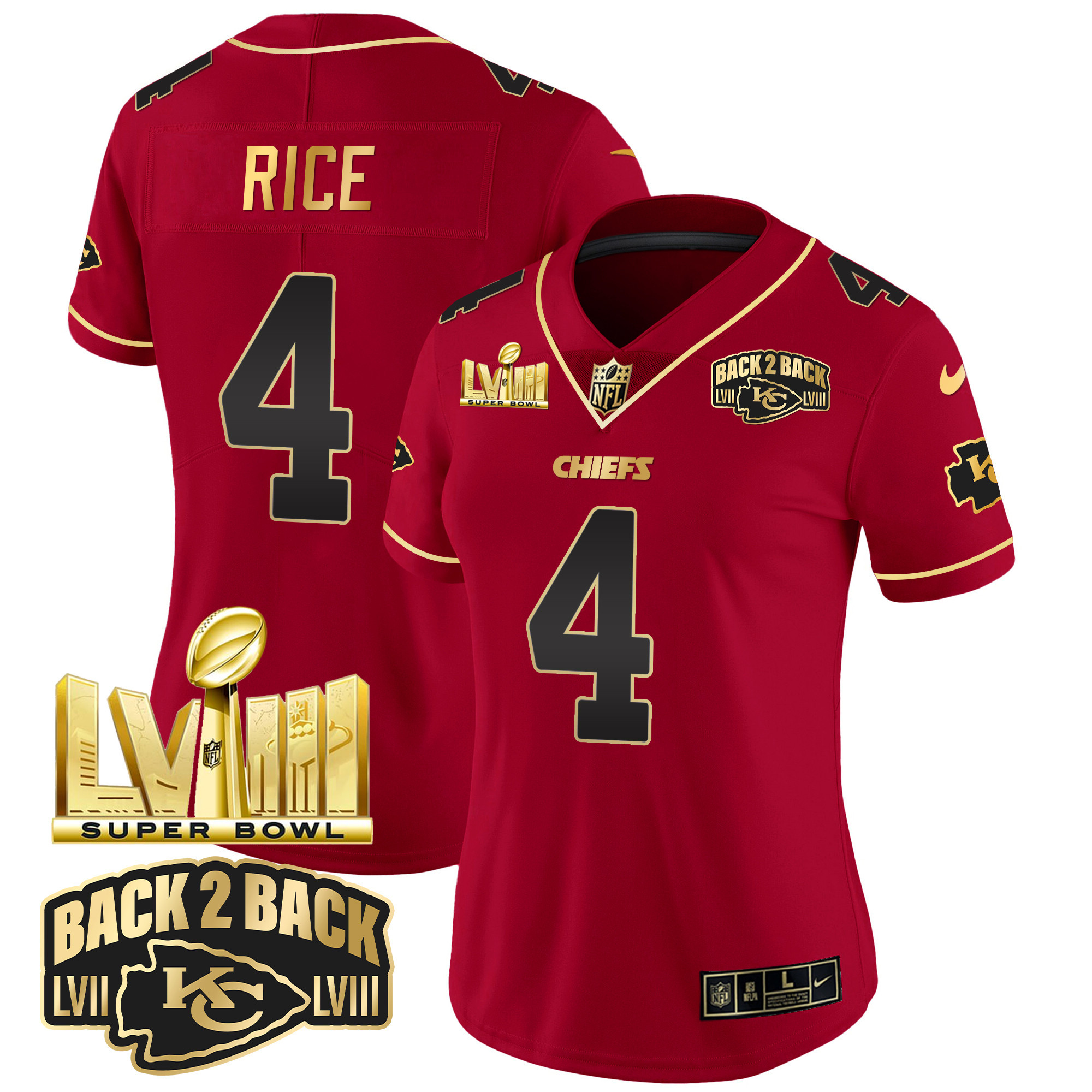 Rashee Rice Women's Kansas City Chiefs Super Bowl LVIII & Back 2 Back Gold Patch Vapor Red Special Jersey - All Stitched