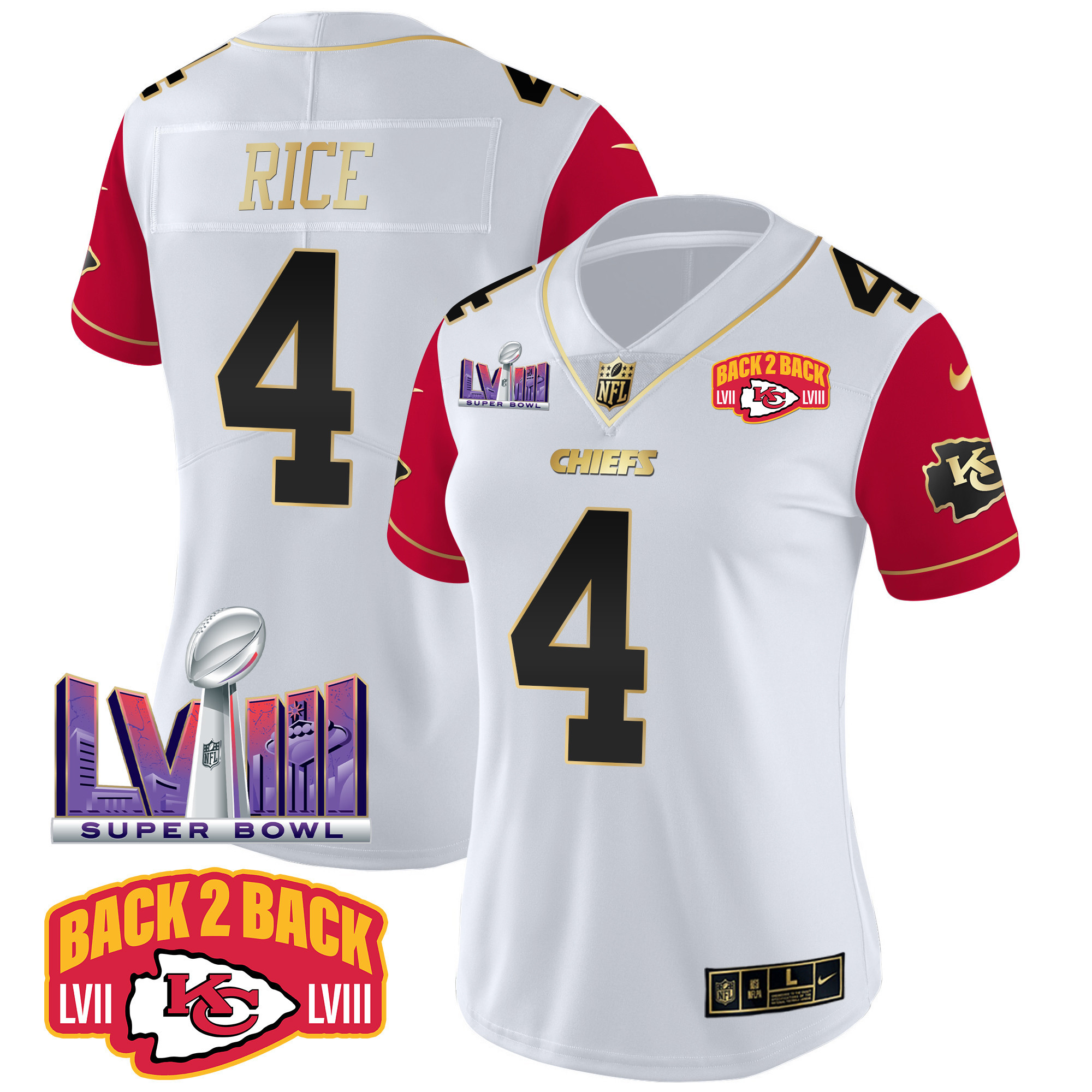 Rashee Rice Women's Kansas City Chiefs Super Bowl LVIII & Back 2 Back Patch Vapor Color Sleeves Jersey - All Stitched