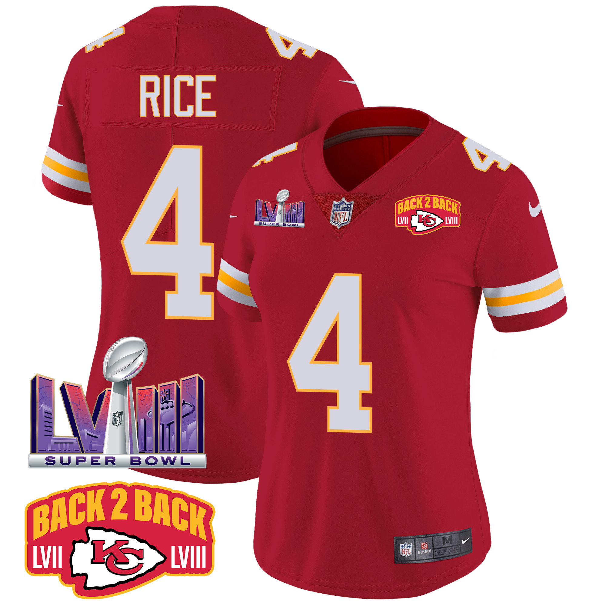 Rashee Rice Women's Kansas City Chiefs Super Bowl LVIII & Back 2 Back Patch Vapor Red Jersey - All Stitched