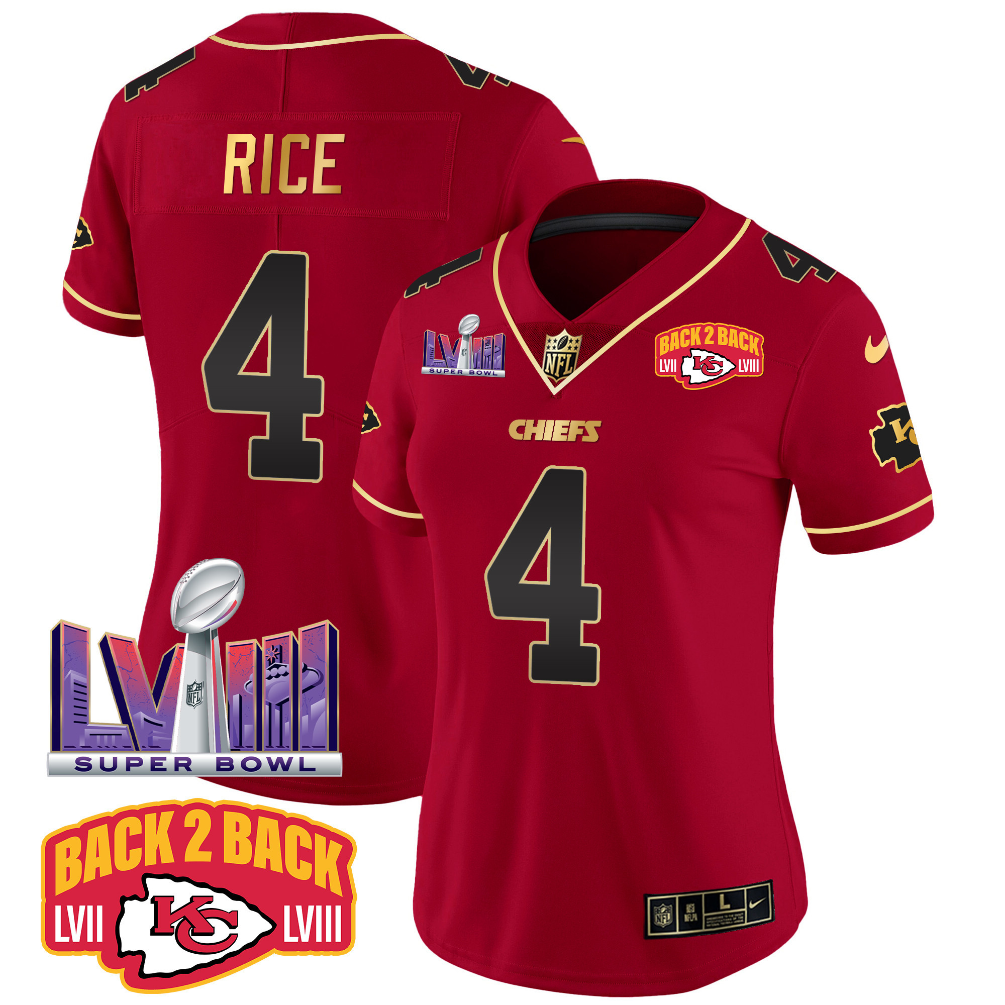 Rashee Rice Women's Kansas City Chiefs Super Bowl LVIII & Back 2 Back Patch Vapor Red Special Jersey - All Stitched