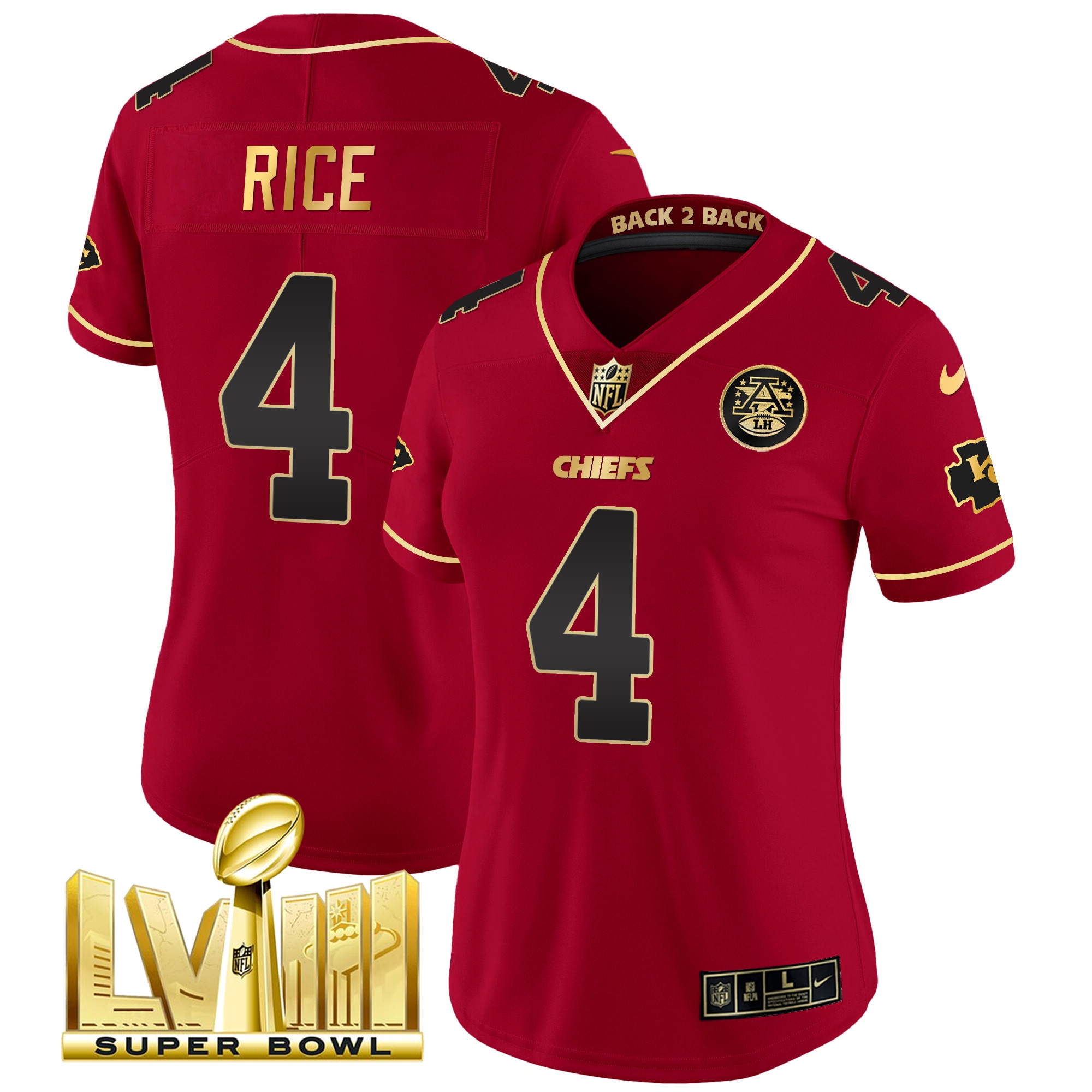 Rashee Rice Women's Kansas City Chiefs Super Bowl LVIII & Back 2 Back Patch Vapor Red Special Jersey - All Stitched