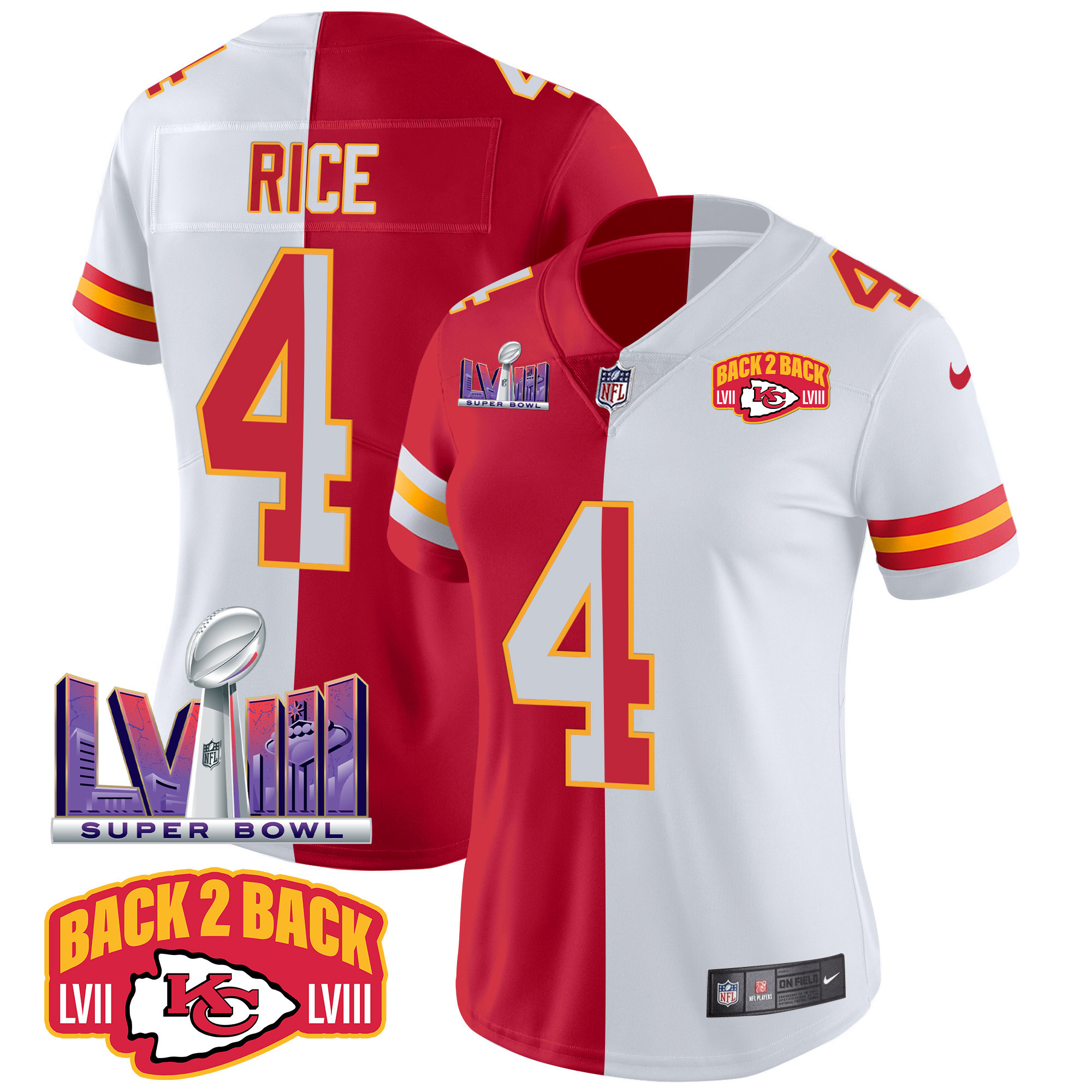 Rashee Rice Women's Kansas City Chiefs Super Bowl LVIII & Back 2 Back Patch Vapor Split Jersey - All Stitched