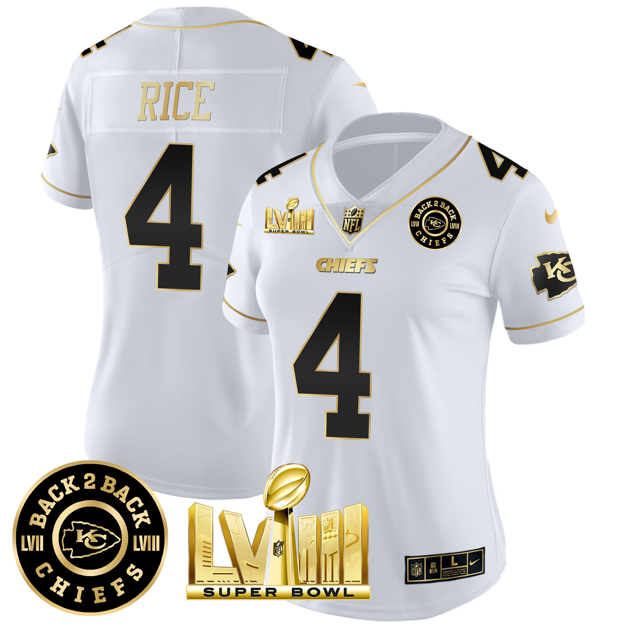 Rashee Rice Women's Kansas City Chiefs Super Bowl LVIII & Back 2 Back Patch Vapor White Gold Jersey - All Stitched