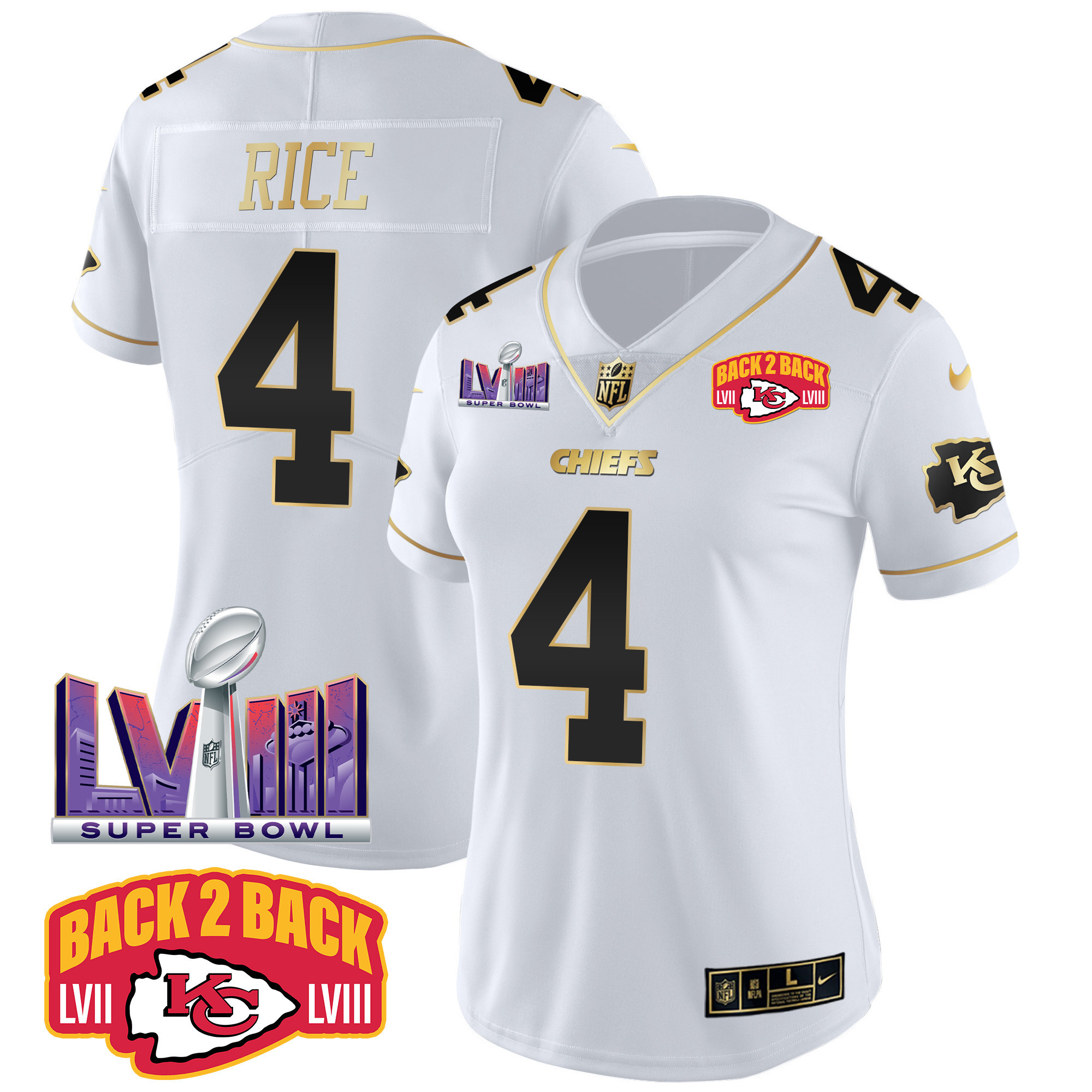 Rashee Rice Women's Kansas City Chiefs Super Bowl LVIII & Back 2 Back Patch Vapor White Gold Jersey - All Stitched