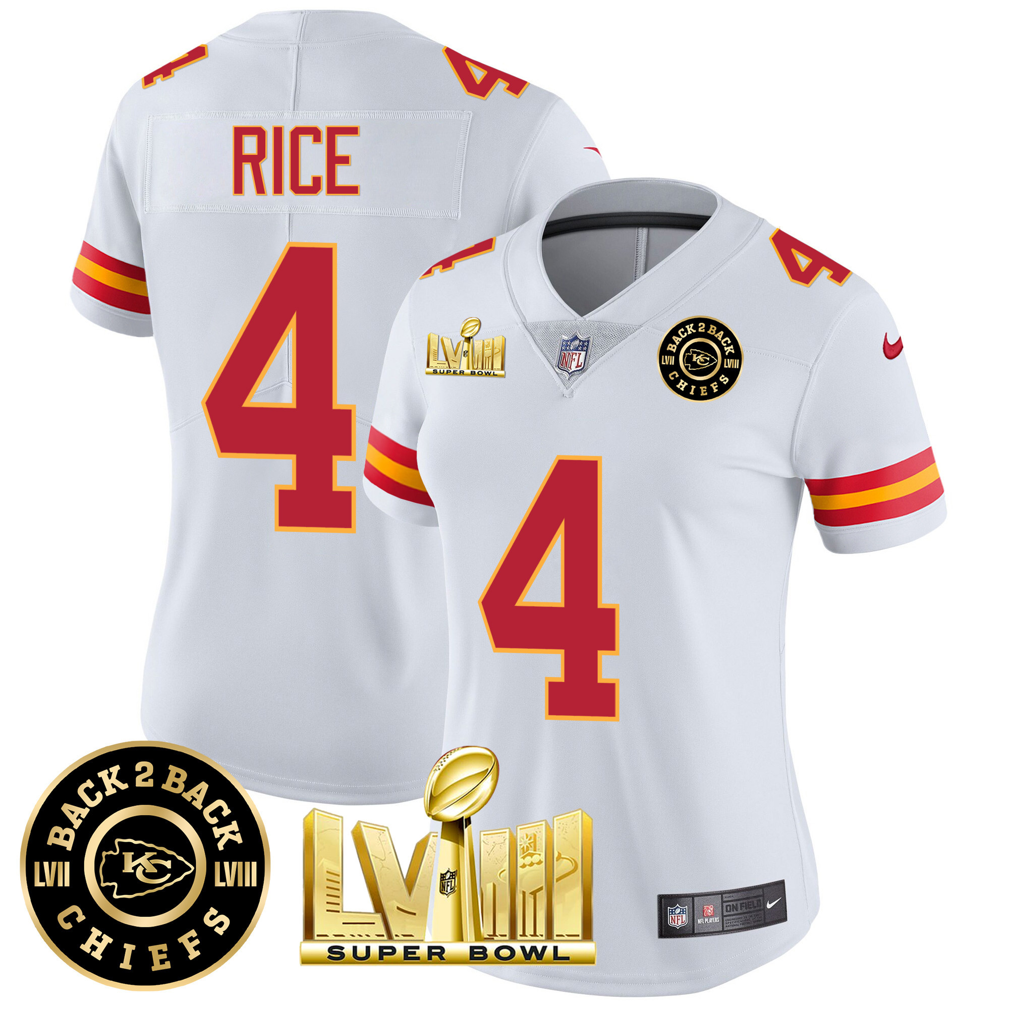 Rashee Rice Women's Kansas City Chiefs Super Bowl LVIII & Back 2 Back Patch Vapor White Jersey - All Stitched
