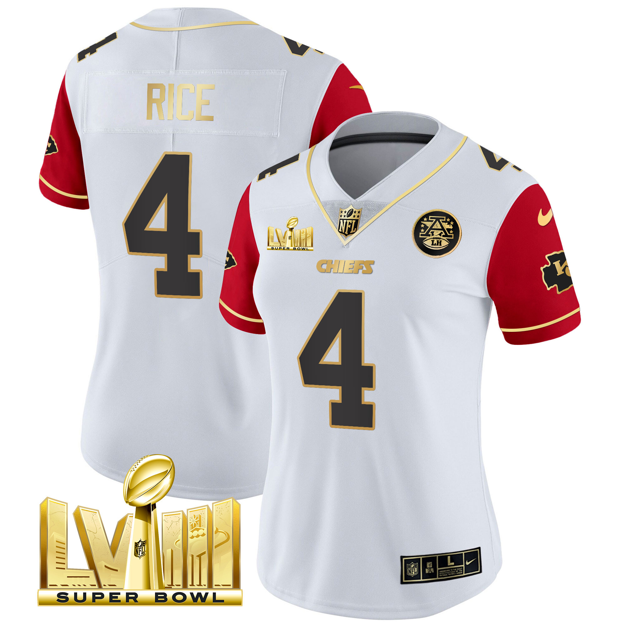 Rashee Rice Women's Kansas City Chiefs Super Bowl LVIII Gold Patch Vapor Color Sleeves Jersey - All Stitched