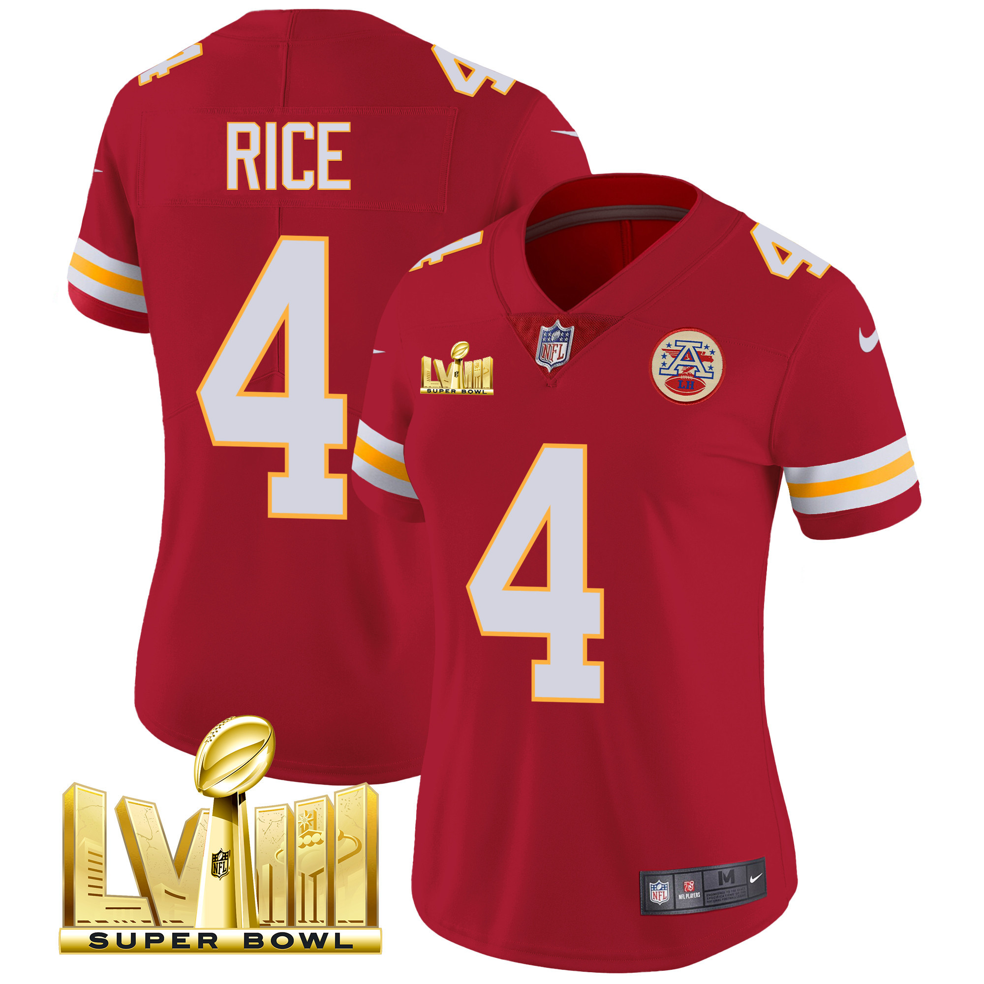 Rashee Rice Women's Kansas City Chiefs Super Bowl LVIII Gold Patch Vapor Red Jersey - All Stitched