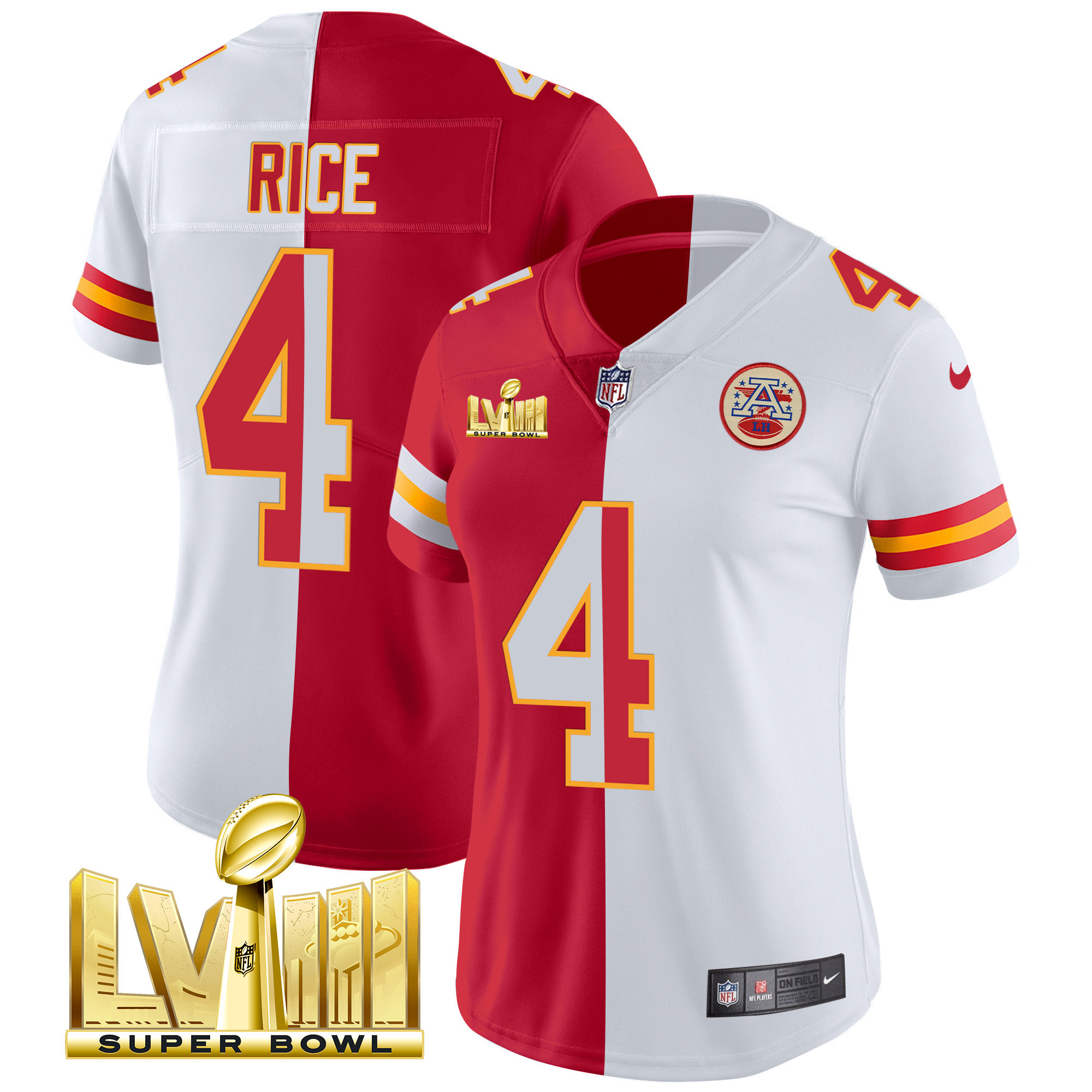 Rashee Rice Women's Kansas City Chiefs Super Bowl LVIII Gold Patch Vapor Split Jersey - All Stitched