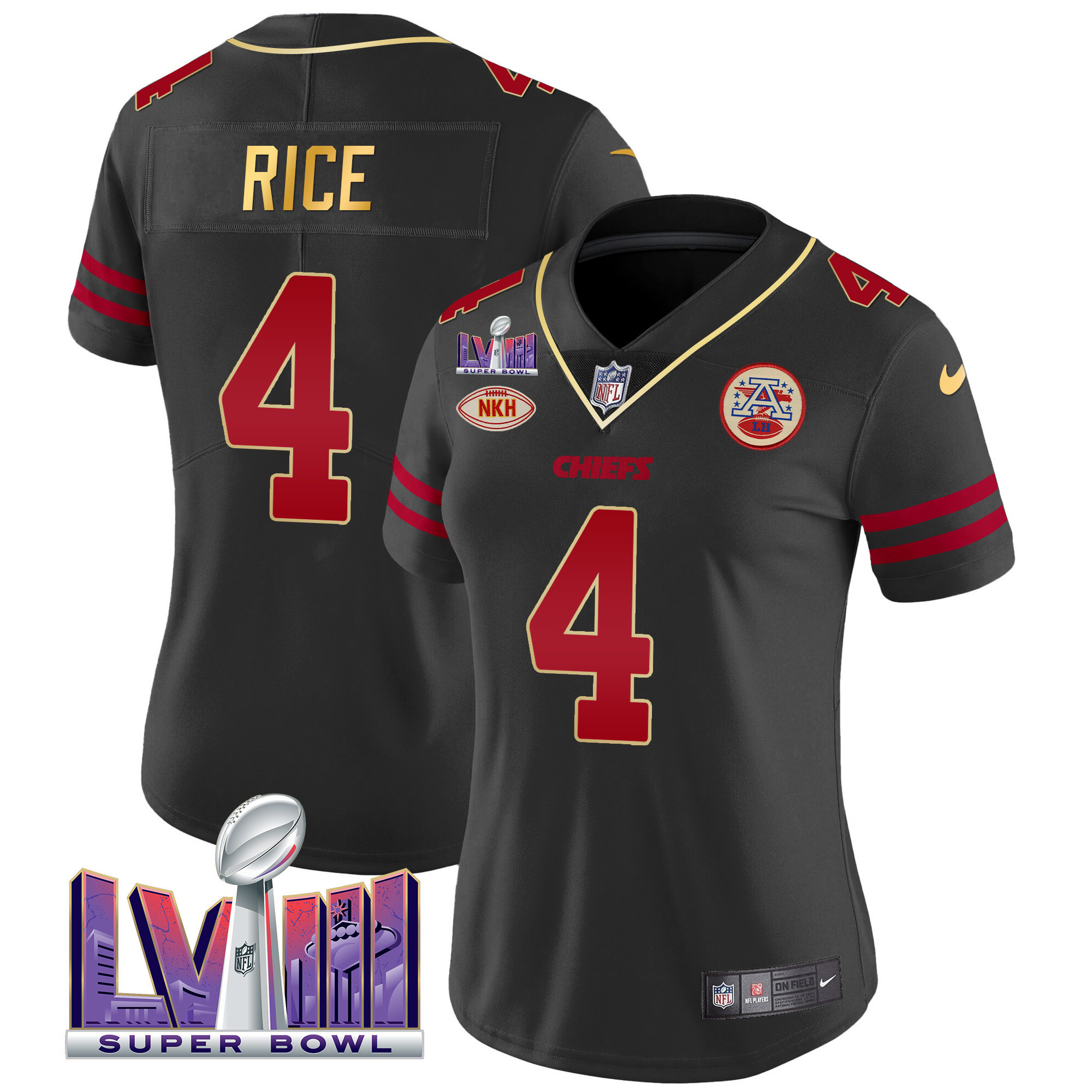 Rashee Rice Women's Kansas City Chiefs Super Bowl LVIII Patch Vapor Gold Trim Jersey - All Stitched