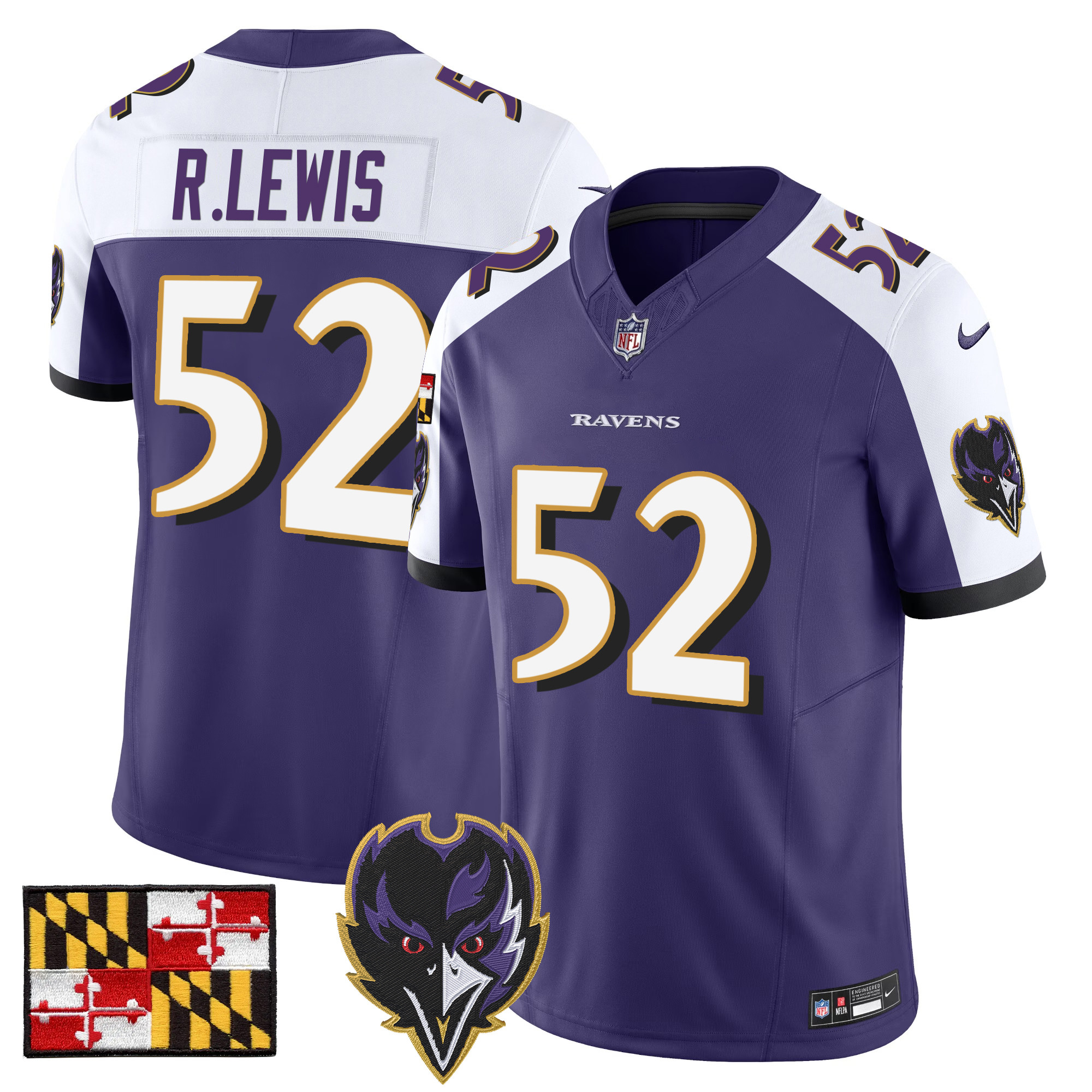 Ray Lewis Men's Baltimore Ravens 2024 Maryland Flag Vapor Limited Purple Alternate Jersey - All Stitched