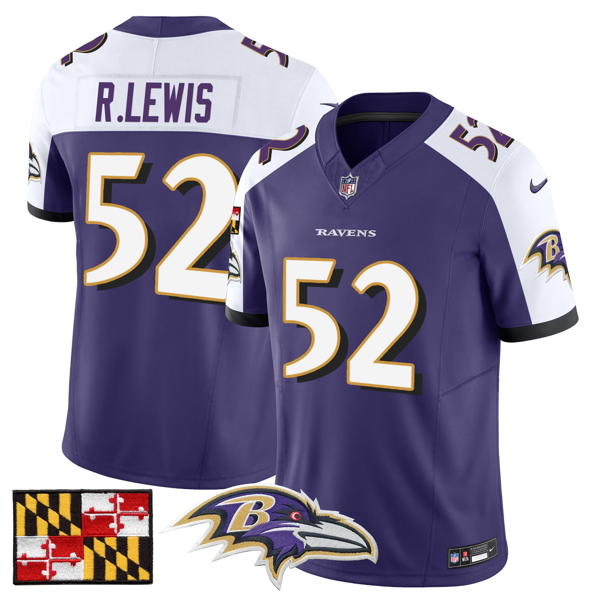 Ray Lewis Men's Baltimore Ravens 2024 Maryland Flag Vapor Limited Purple Alternate Jersey - All Stitched