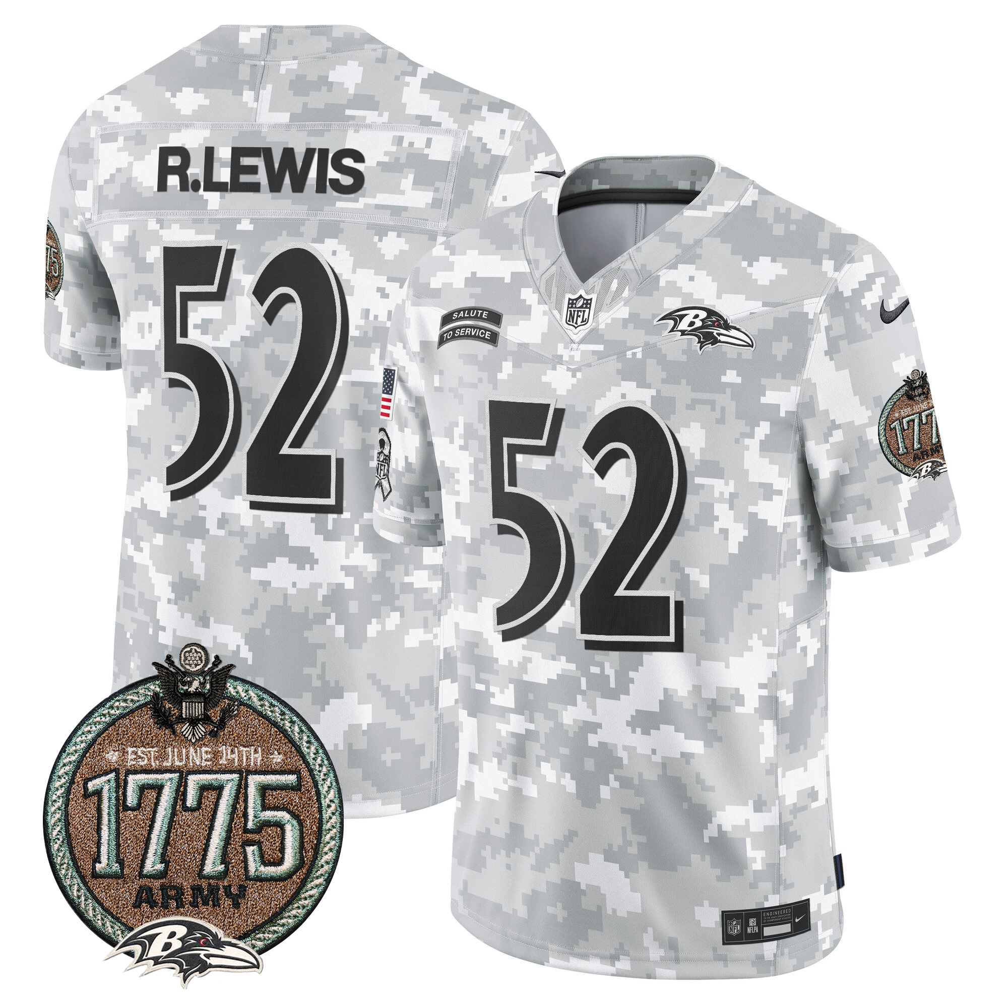 Ray Lewis Men's Baltimore Ravens 2024 Salute to Service Establishment Year Patch Vapor Limited Army Jersey - All Stitched