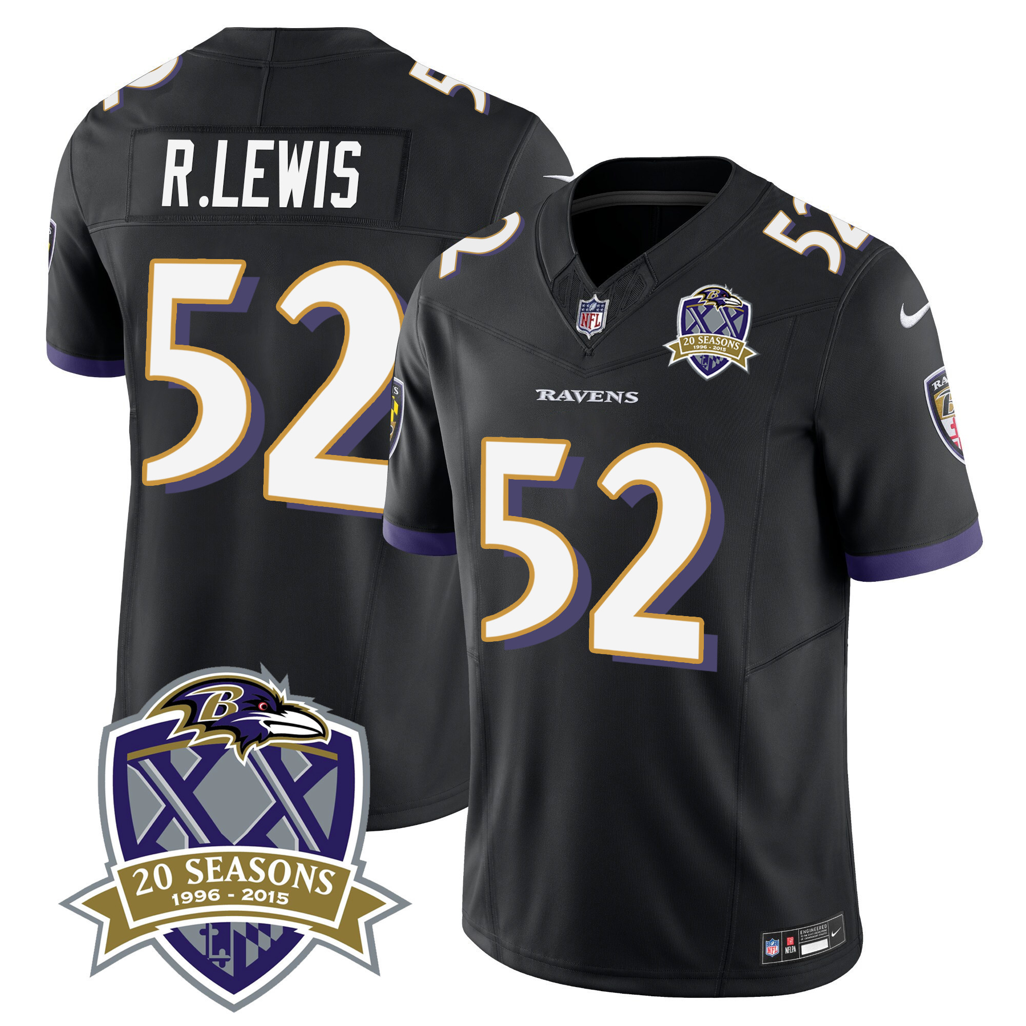 Ray Lewis Men's Baltimore Ravens 20th Season Patch Vapor Limited Black Jersey - All Stitched