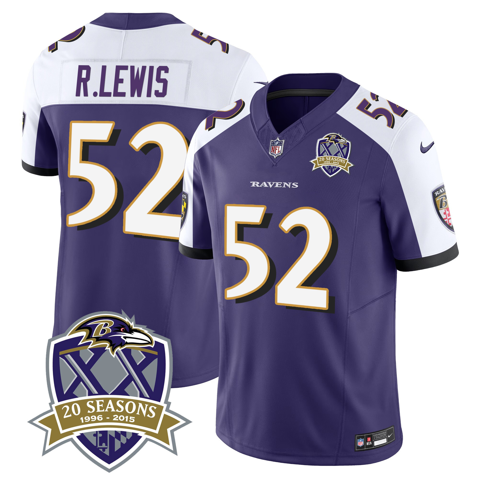 Ray Lewis Men's Baltimore Ravens 20th Season Patch Vapor Limited Purple Alternate Jersey - All Stitched
