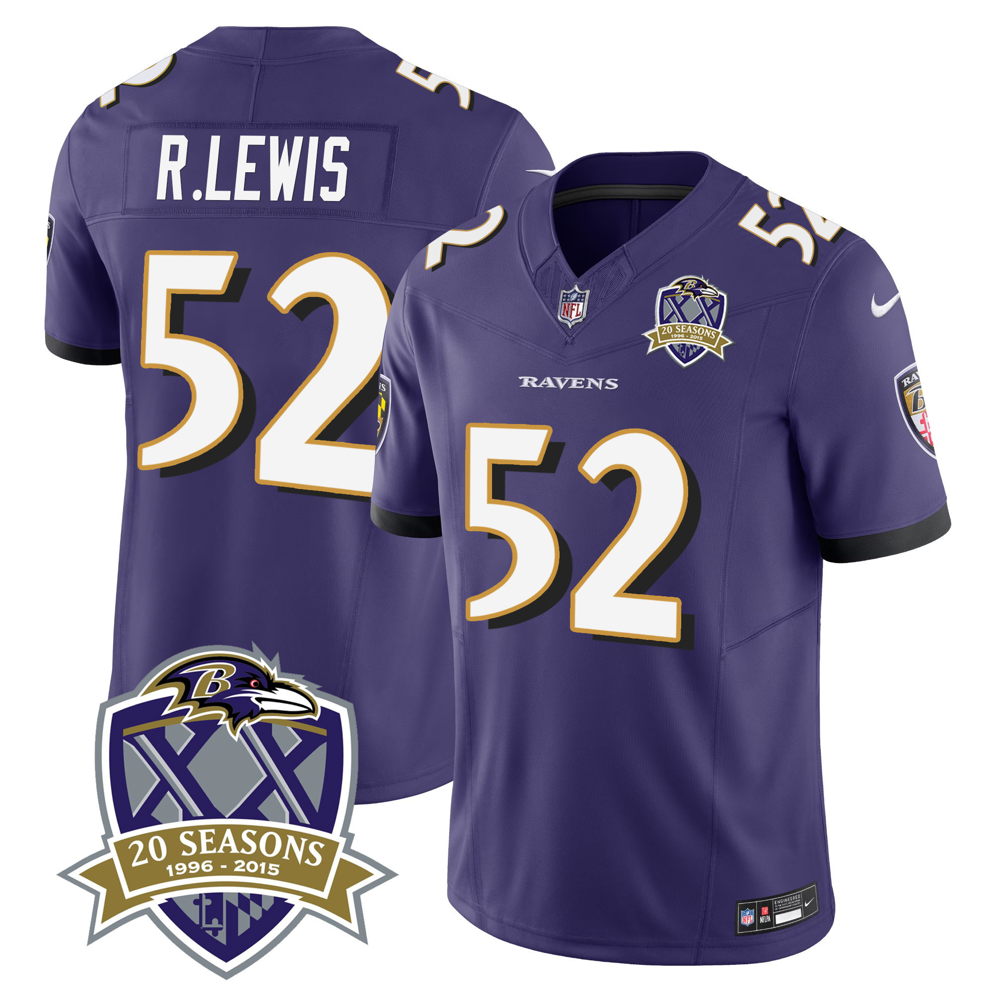 Ray Lewis Men's Baltimore Ravens 20th Season Patch Vapor Limited Purple Jersey - All Stitched