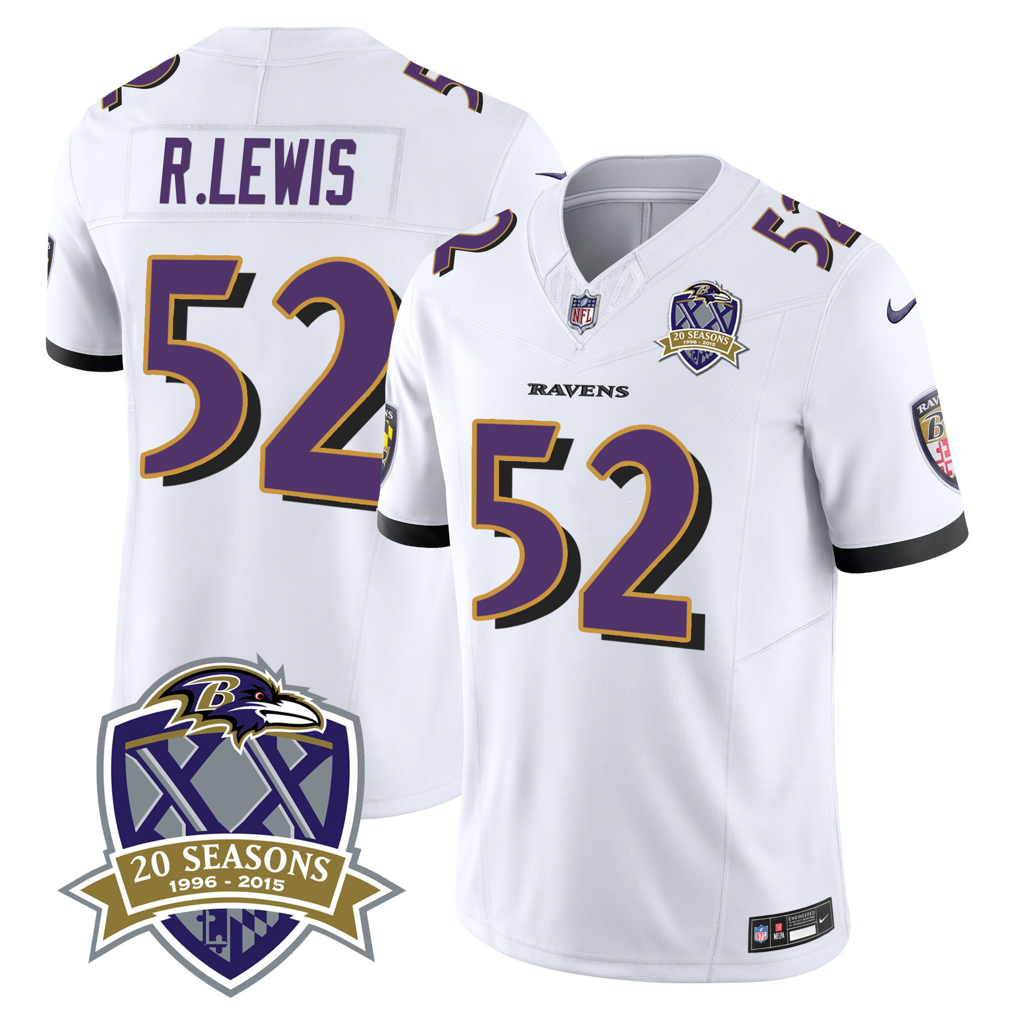 Ray Lewis Men's Baltimore Ravens 20th Season Patch Vapor Limited White Jersey - All Stitched