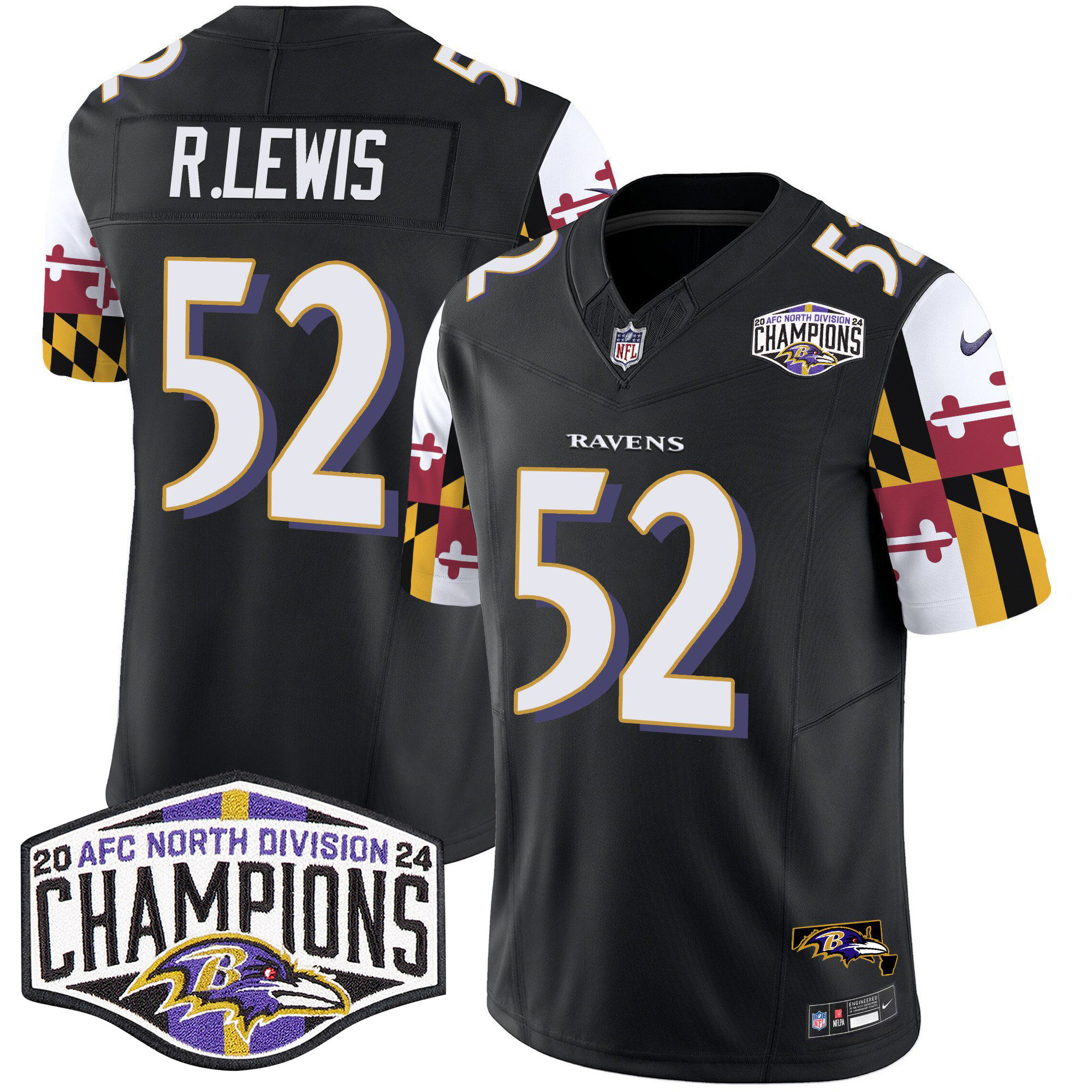 Ray Lewis Men's Baltimore Ravens Maryland Flag 2024 AFC North Division Champions Patch Vapor Limited Black Jersey - All Stitched