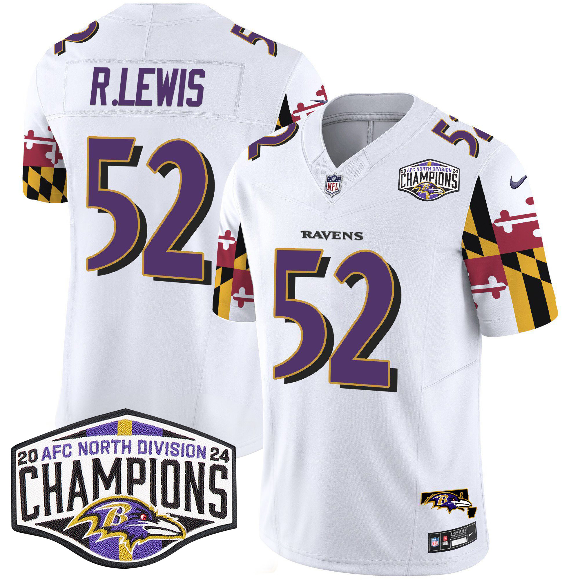 Ray Lewis Men's Baltimore Ravens Maryland Flag 2024 AFC North Division Champions Patch Vapor Limited White Jersey - All Stitched