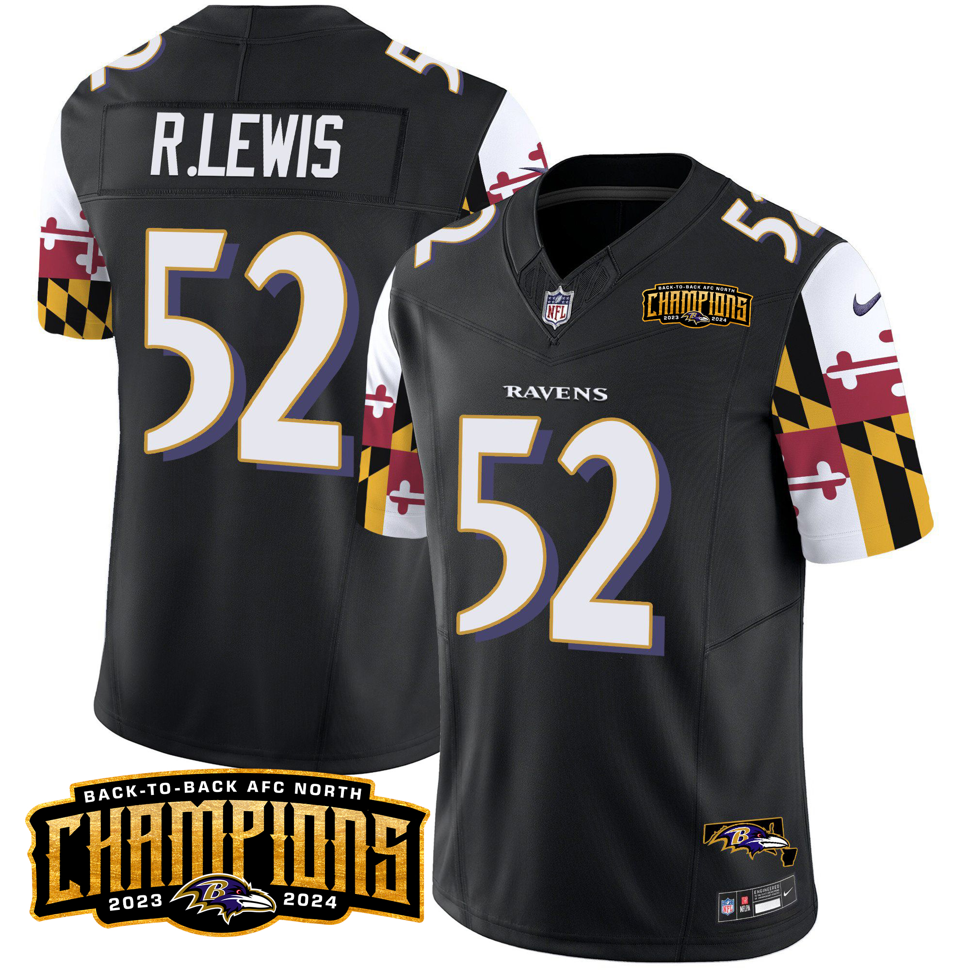 Ray Lewis Men's Baltimore Ravens Maryland Flag Back To Back AFC North Champions Patch Vapor Limited Black Jersey - All Stitched