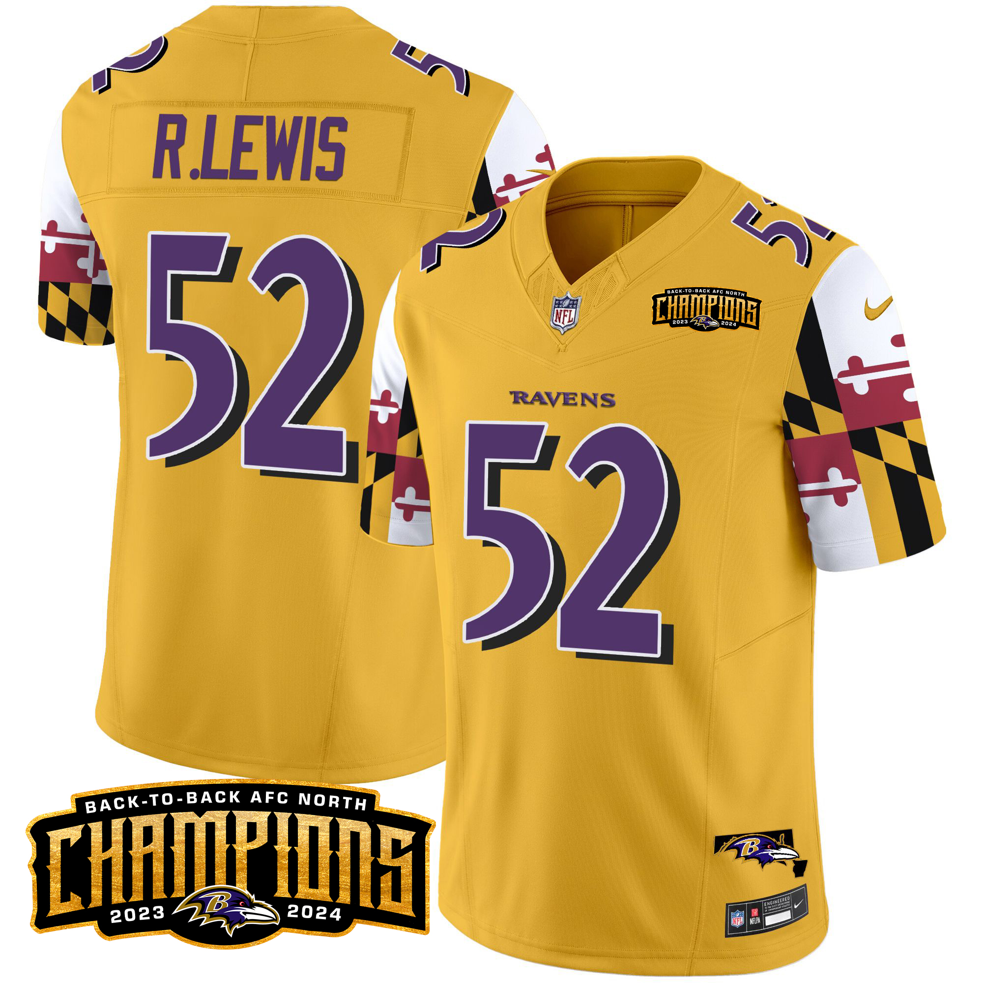 Ray Lewis Men's Baltimore Ravens Maryland Flag Back To Back AFC North Champions Patch Vapor Limited Gold Jersey - All Stitched