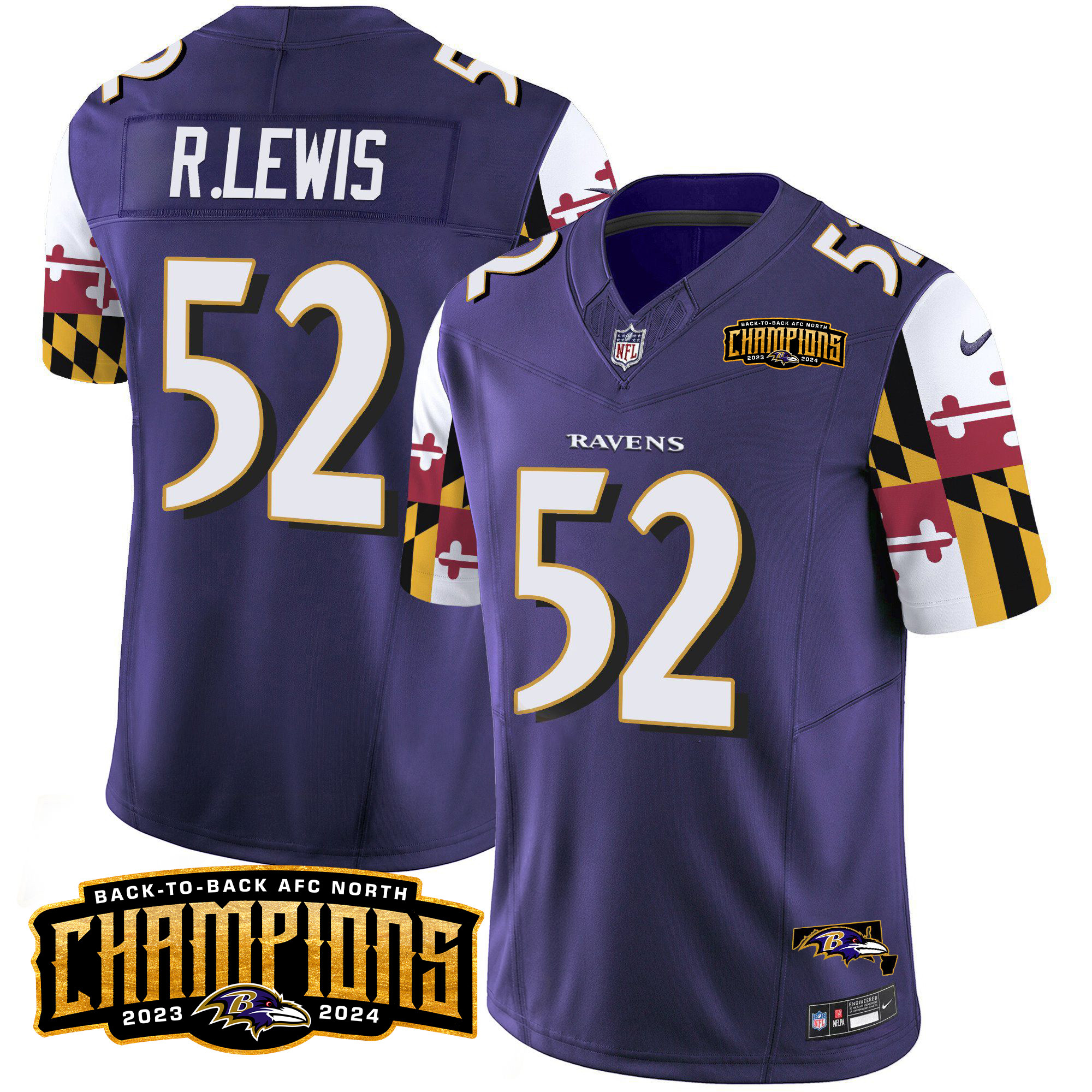 Ray Lewis Men's Baltimore Ravens Maryland Flag Back To Back AFC North Champions Patch Vapor Limited Purple Jersey - All Stitched
