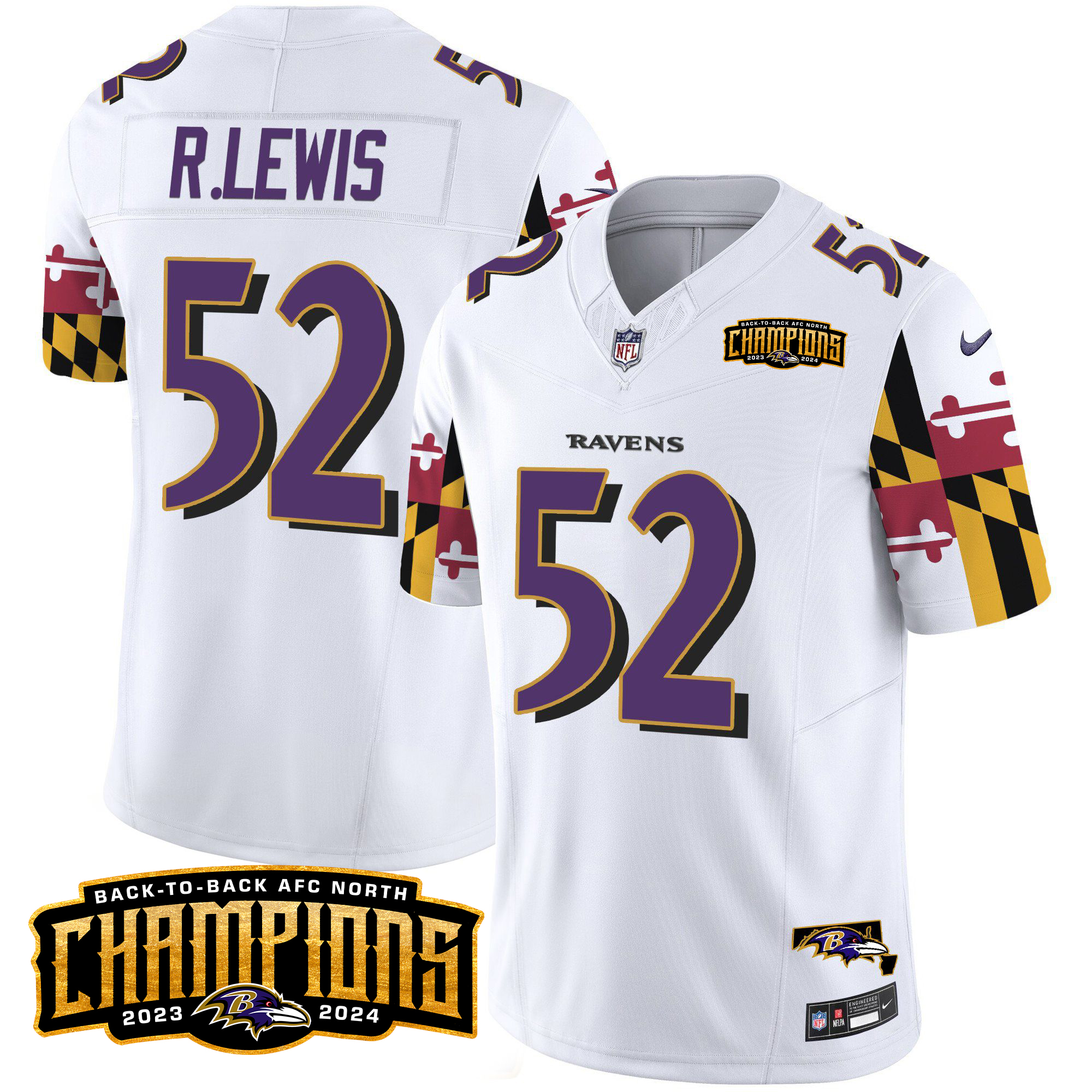 Ray Lewis Men's Baltimore Ravens Maryland Flag Back To Back AFC North Champions Patch Vapor Limited White Jersey - All Stitched