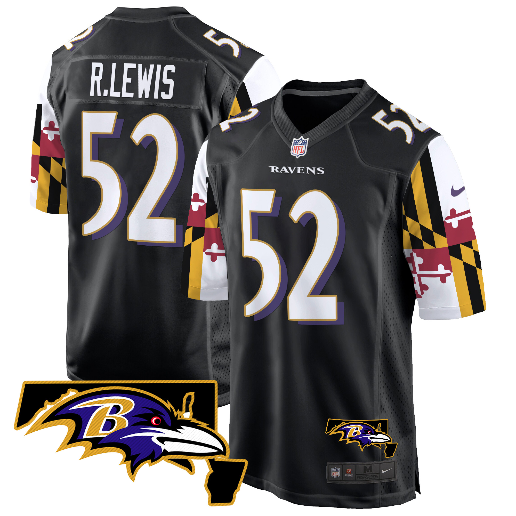 Ray Lewis Men's Baltimore Ravens Maryland Flag Game Black Jersey - All Stitched