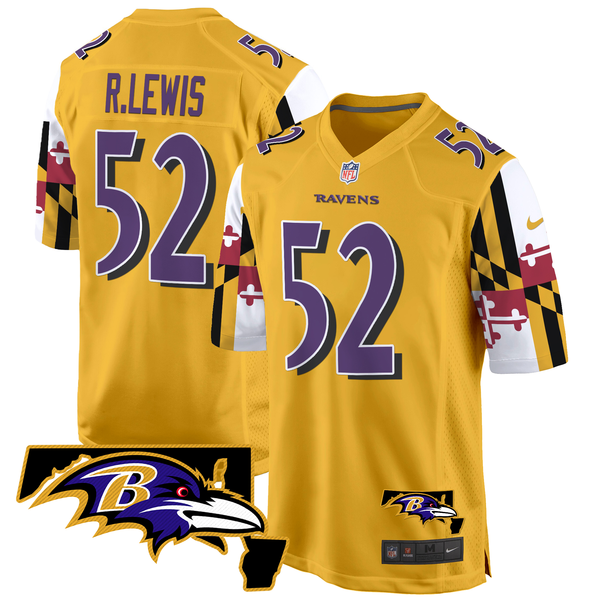 Ray Lewis Men's Baltimore Ravens Maryland Flag Game Gold Jersey - All Stitched