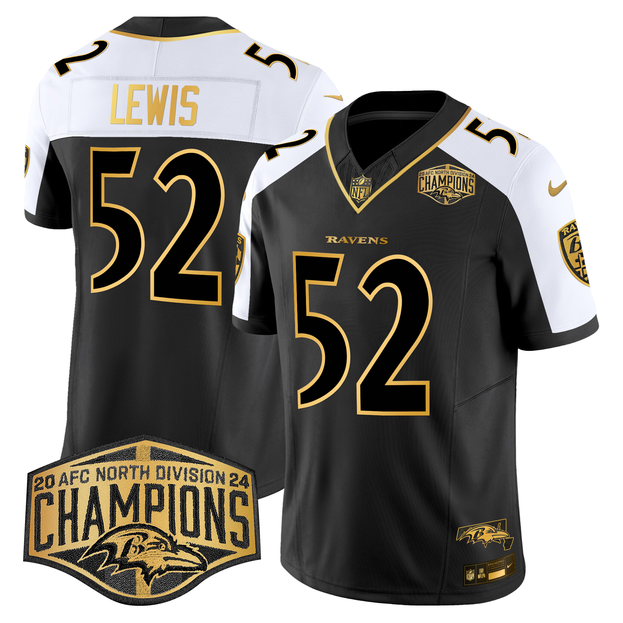 Ray Lewis Men's Baltimore Ravens Maryland Flag Map 2024 AFC North Division Champions Patch Gold Vapor Limited Alternate Jersey - All Stitched