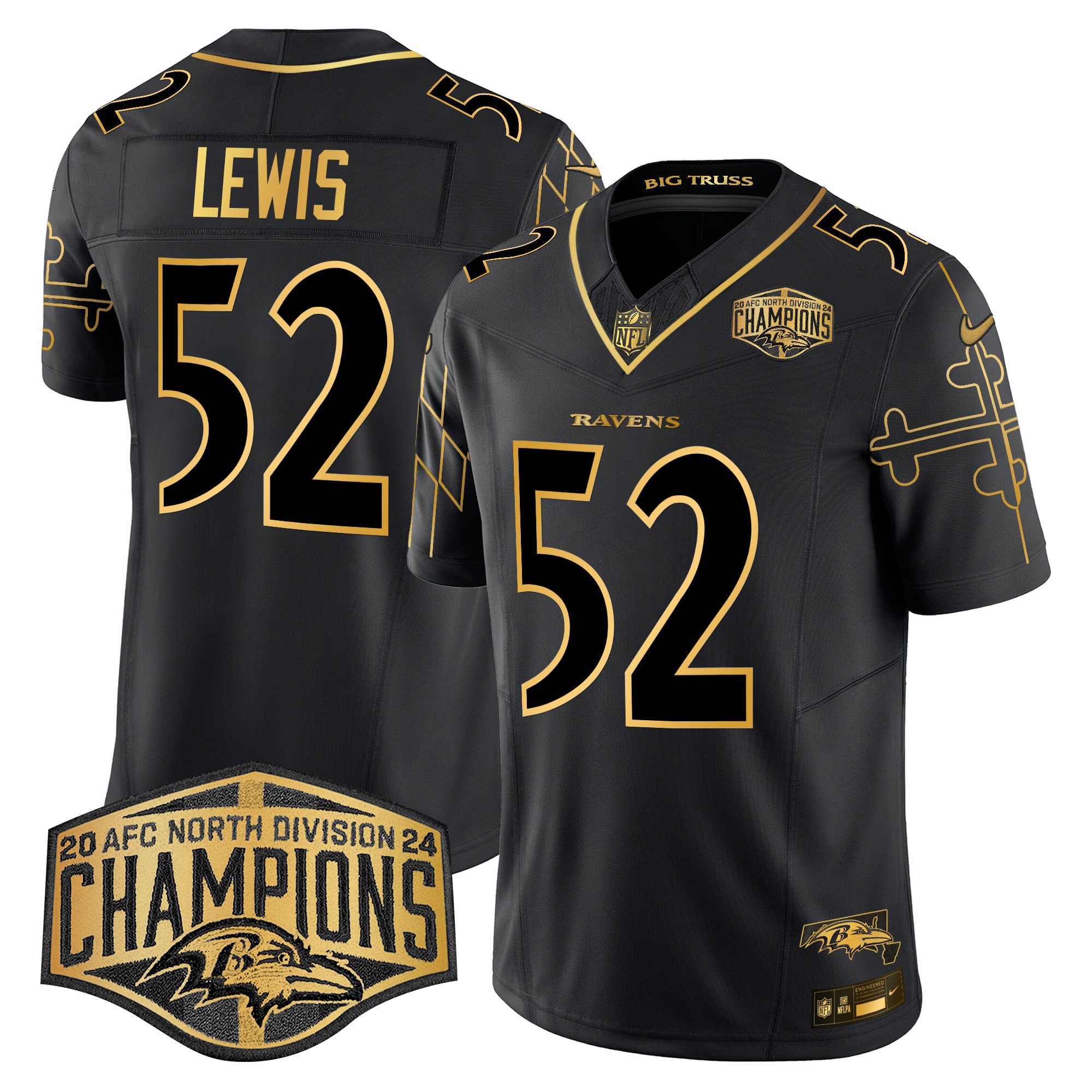 Ray Lewis Men's Baltimore Ravens Maryland Flag Map 2024 AFC North Division Champions Patch Gold Vapor Limited Black Gold Jersey - All Stitched