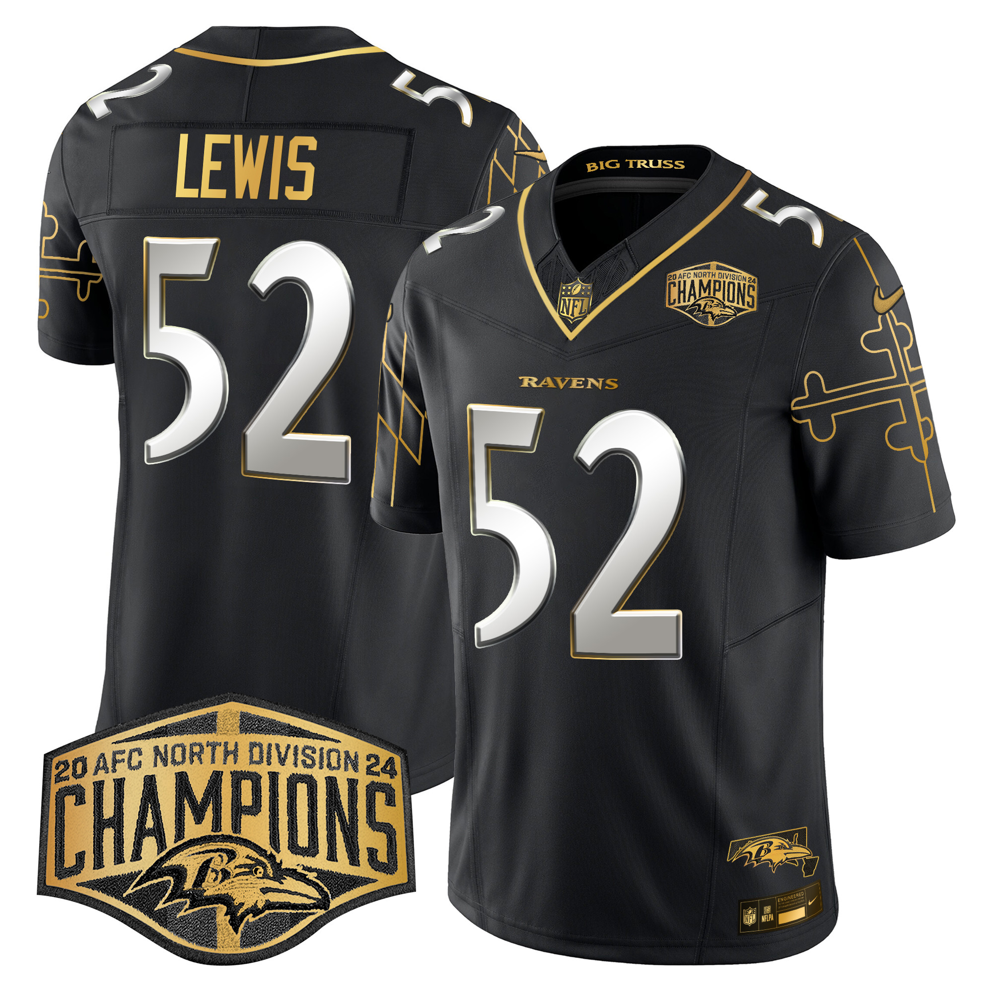 Ray Lewis Men's Baltimore Ravens Maryland Flag Map 2024 AFC North Division Champions Patch Gold Vapor Limited Black Limited Jersey - All Stitched