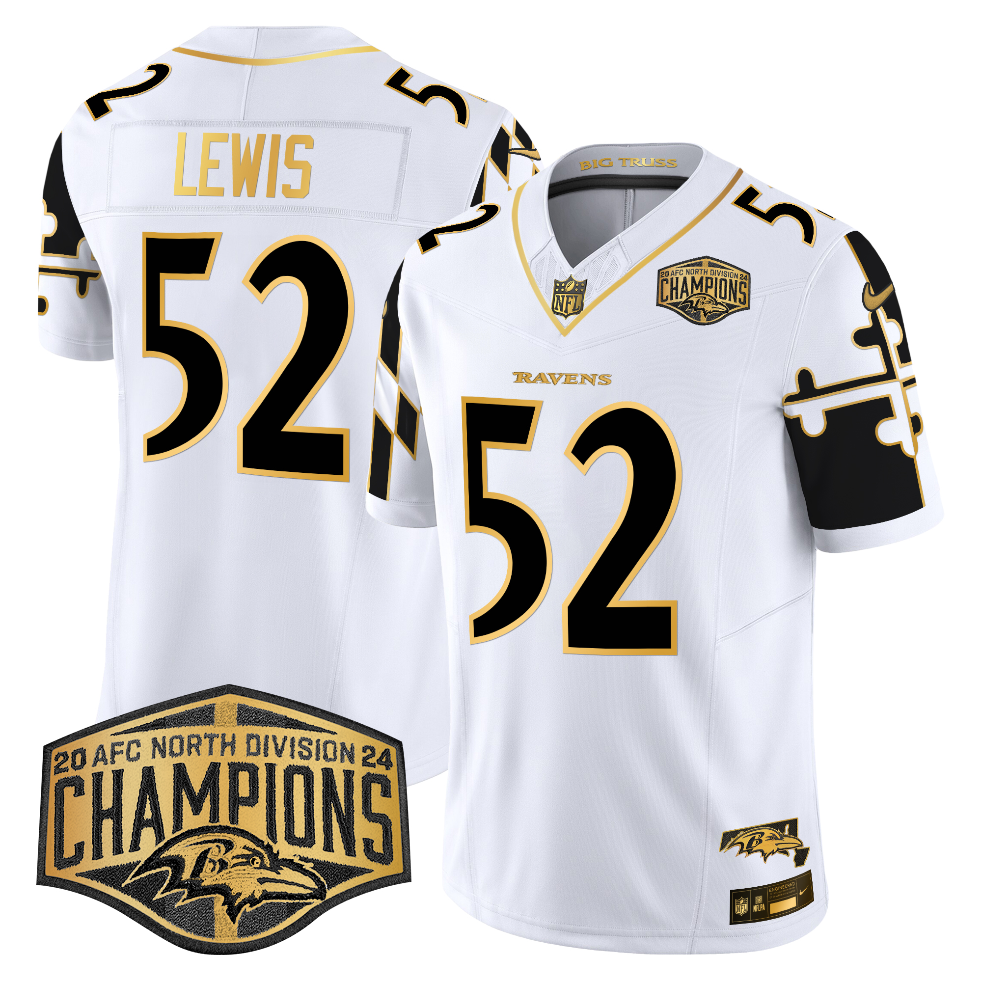 Ray Lewis Men's Baltimore Ravens Maryland Flag Map 2024 AFC North Division Champions Patch Gold Vapor Limited White Gold Jersey - All Stitched