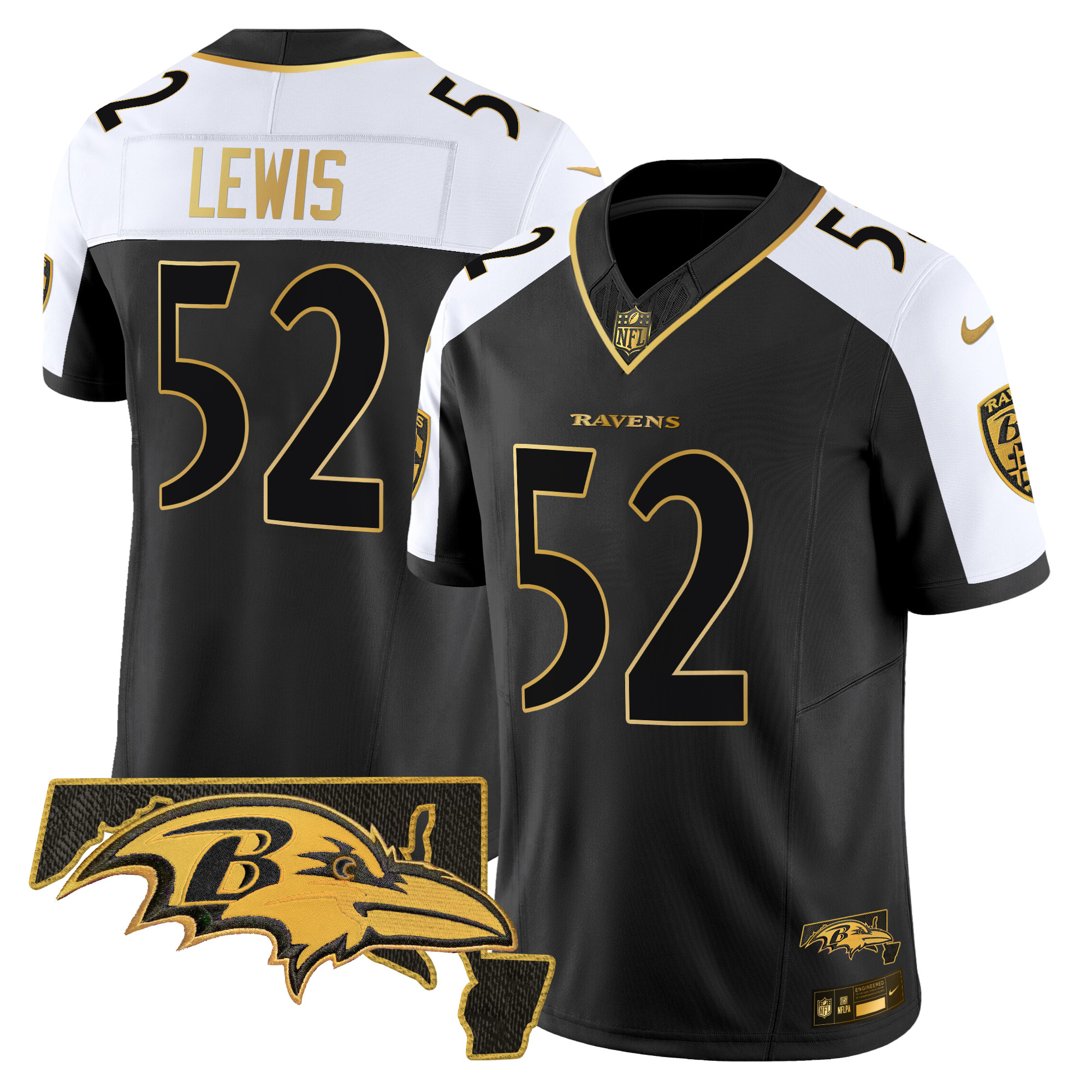 Ray Lewis Men's Baltimore Ravens Maryland Flag Map Patch Gold Vapor Limited Alternate Jersey - All Stitched