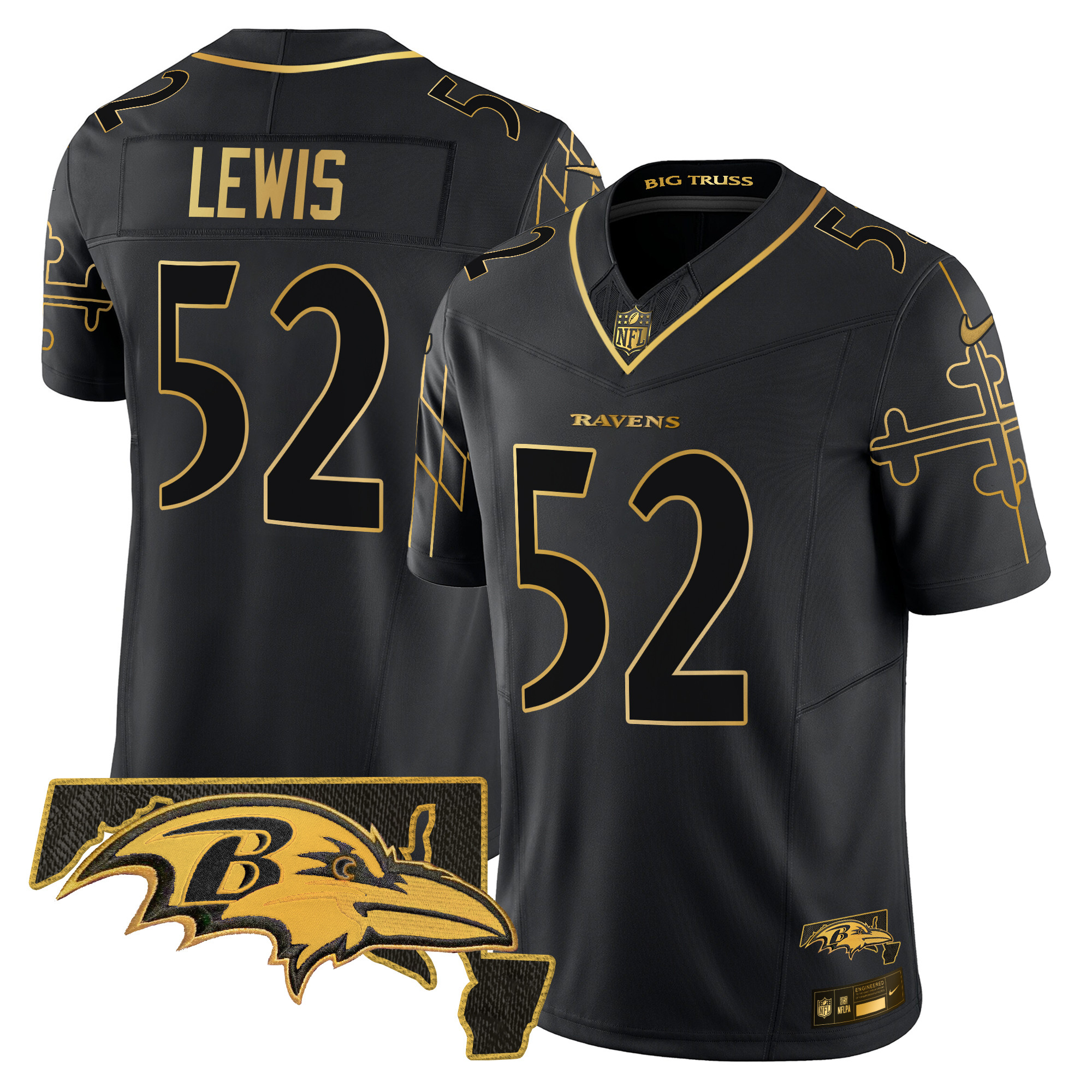 Ray Lewis Men's Baltimore Ravens Maryland Flag Map Patch Gold Vapor Limited Black Gold Jersey - All Stitched