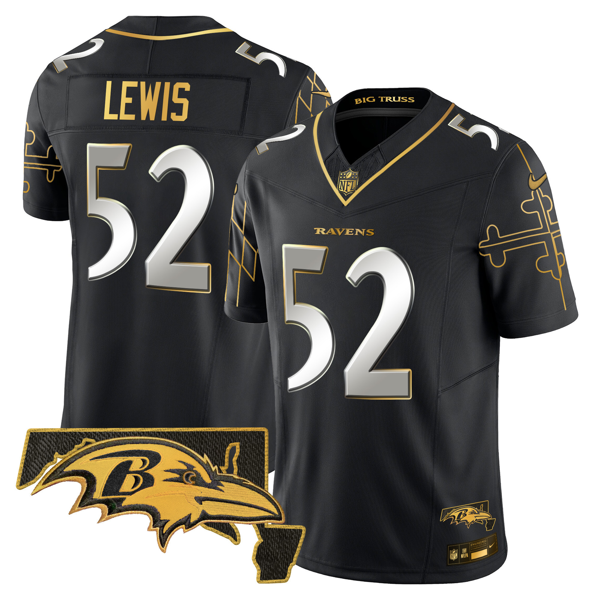 Ray Lewis Men's Baltimore Ravens Maryland Flag Map Patch Gold Vapor Limited Black Limited Jersey - All Stitched