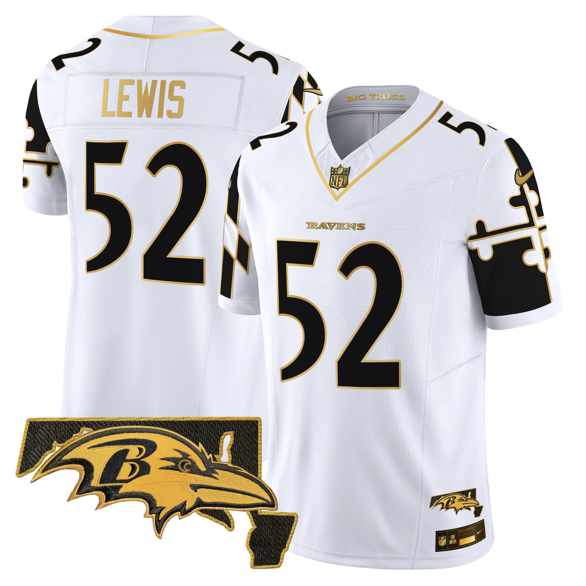 Ray Lewis Men's Baltimore Ravens Maryland Flag Map Patch Gold Vapor Limited White Gold Jersey - All Stitched