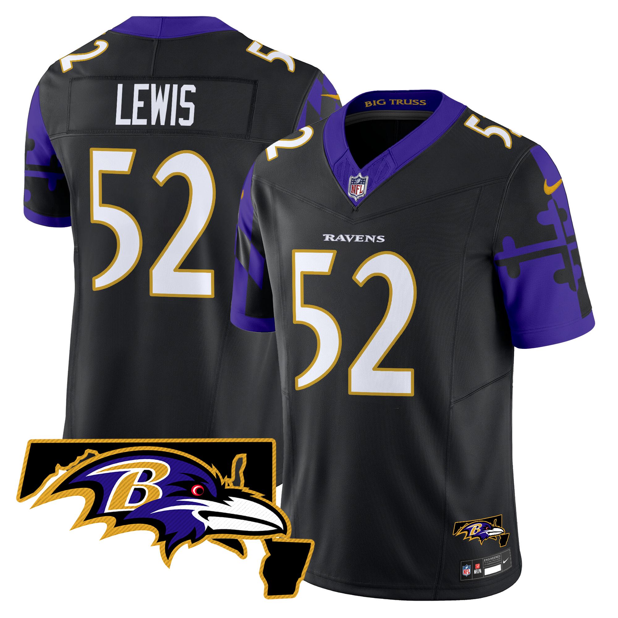 Ray Lewis Men's Baltimore Ravens Maryland Flag Map Patch Vapor Limited Black Jersey - All Stitched